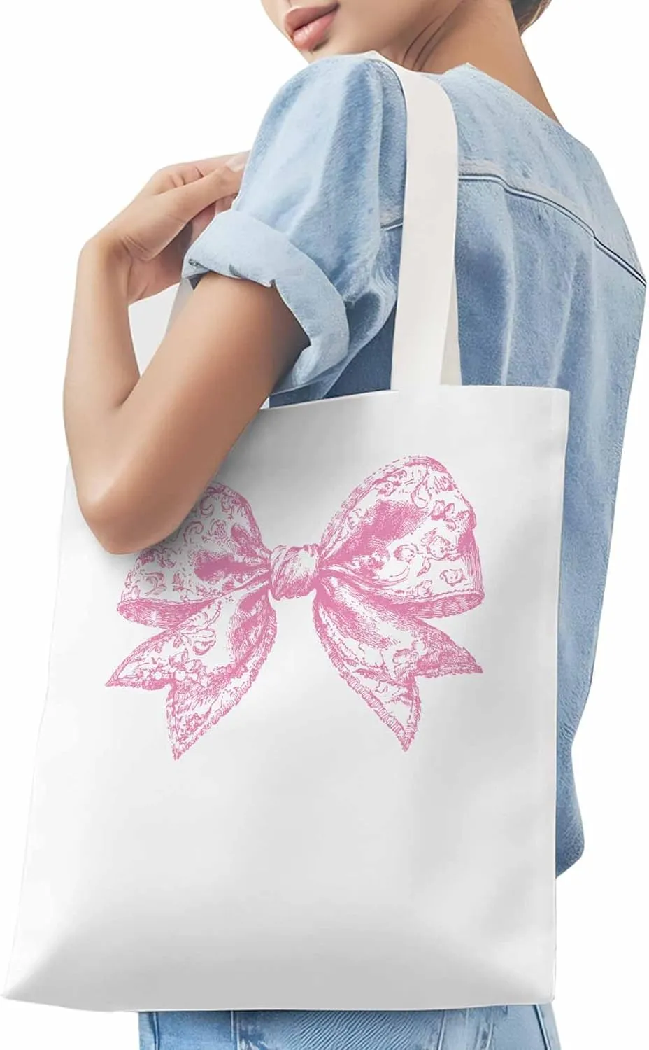 Canvas Tote Bag, Pink Pretty Lace Floral Bowknot Aesthetic Canvas Tote Handbags for Women Shoulder Bag