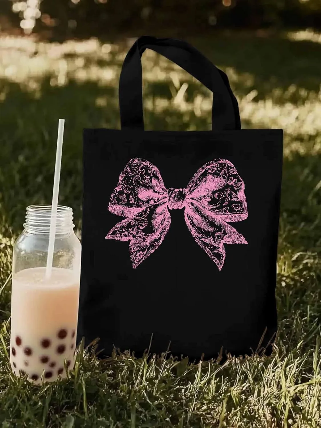 Canvas Tote Bag, Pink Pretty Lace Floral Bowknot Aesthetic Canvas Tote Handbags for Women Shoulder Bag