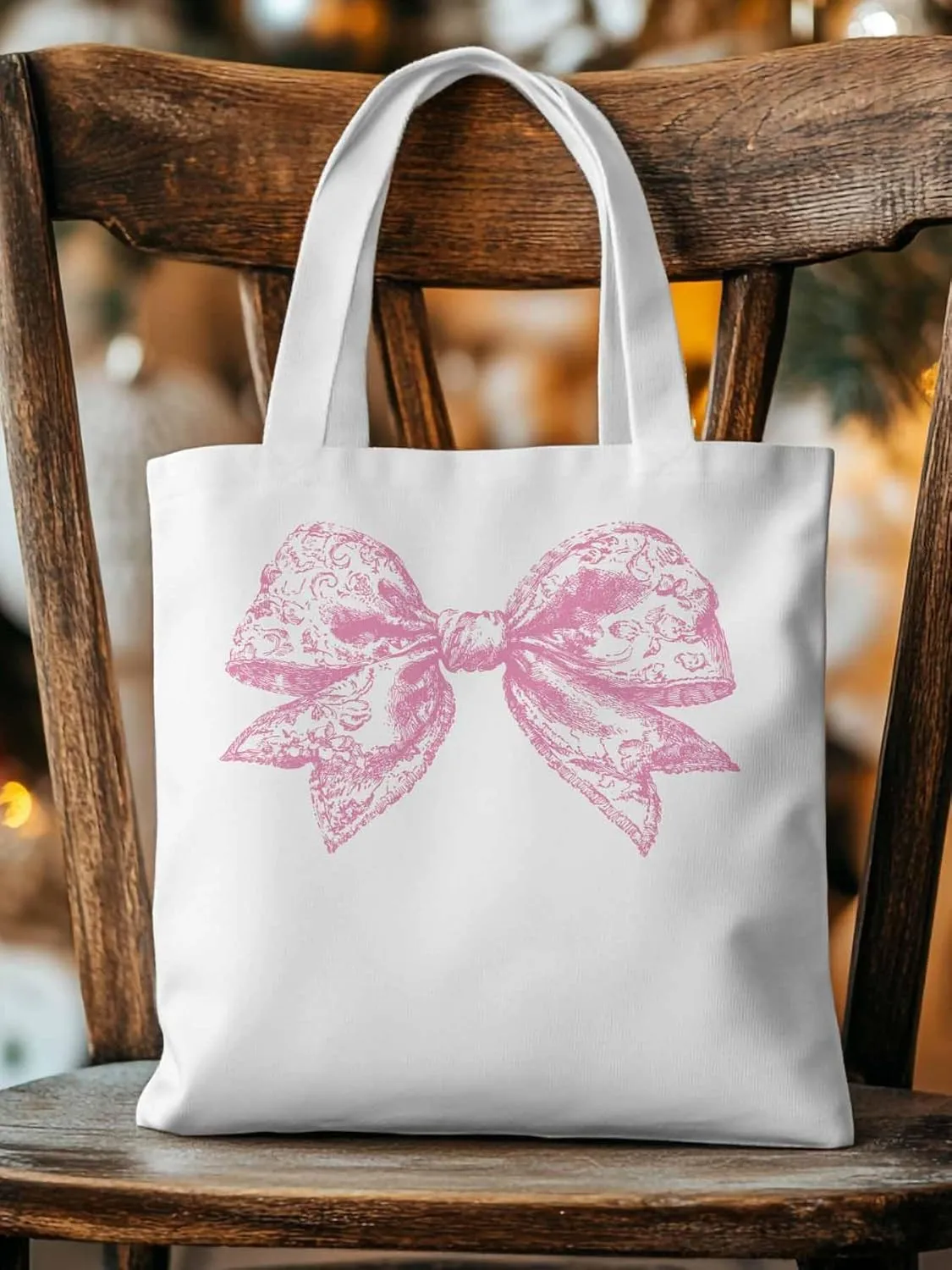 Canvas Tote Bag, Pink Pretty Lace Floral Bowknot Aesthetic Canvas Tote Handbags for Women Shoulder Bag