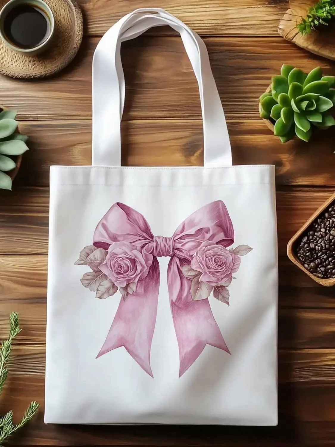 Canvas Tote Bag, Pink Valentine's Day Rose Floral Aesthetic Canvas Tote Handbags for Women Shoulder Bag