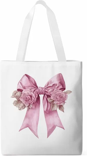 Canvas Tote Bag, Pink Valentine's Day Rose Floral Aesthetic Canvas Tote Handbags for Women Shoulder Bag