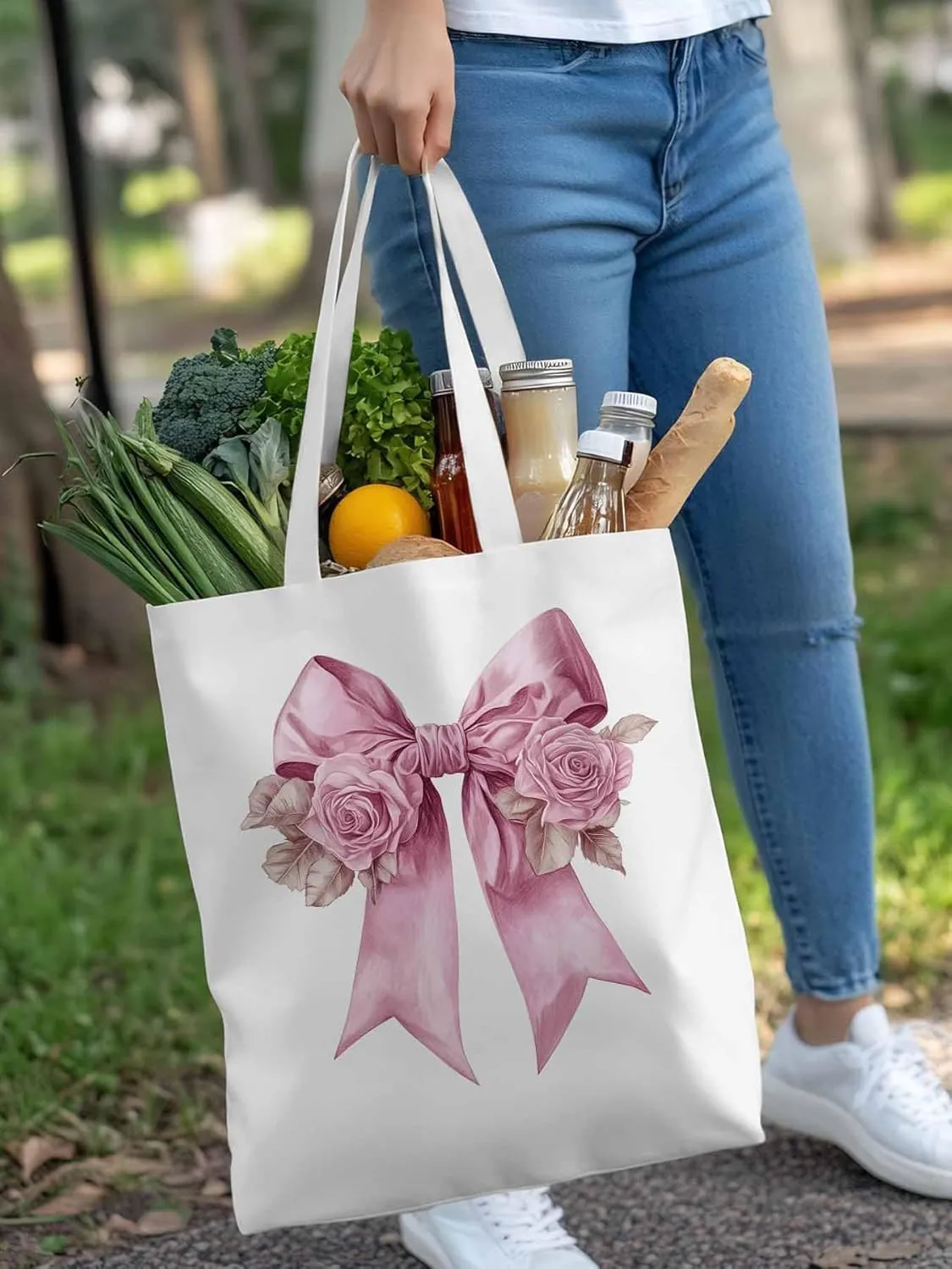 Canvas Tote Bag, Pink Valentine's Day Rose Floral Aesthetic Canvas Tote Handbags for Women Shoulder Bag