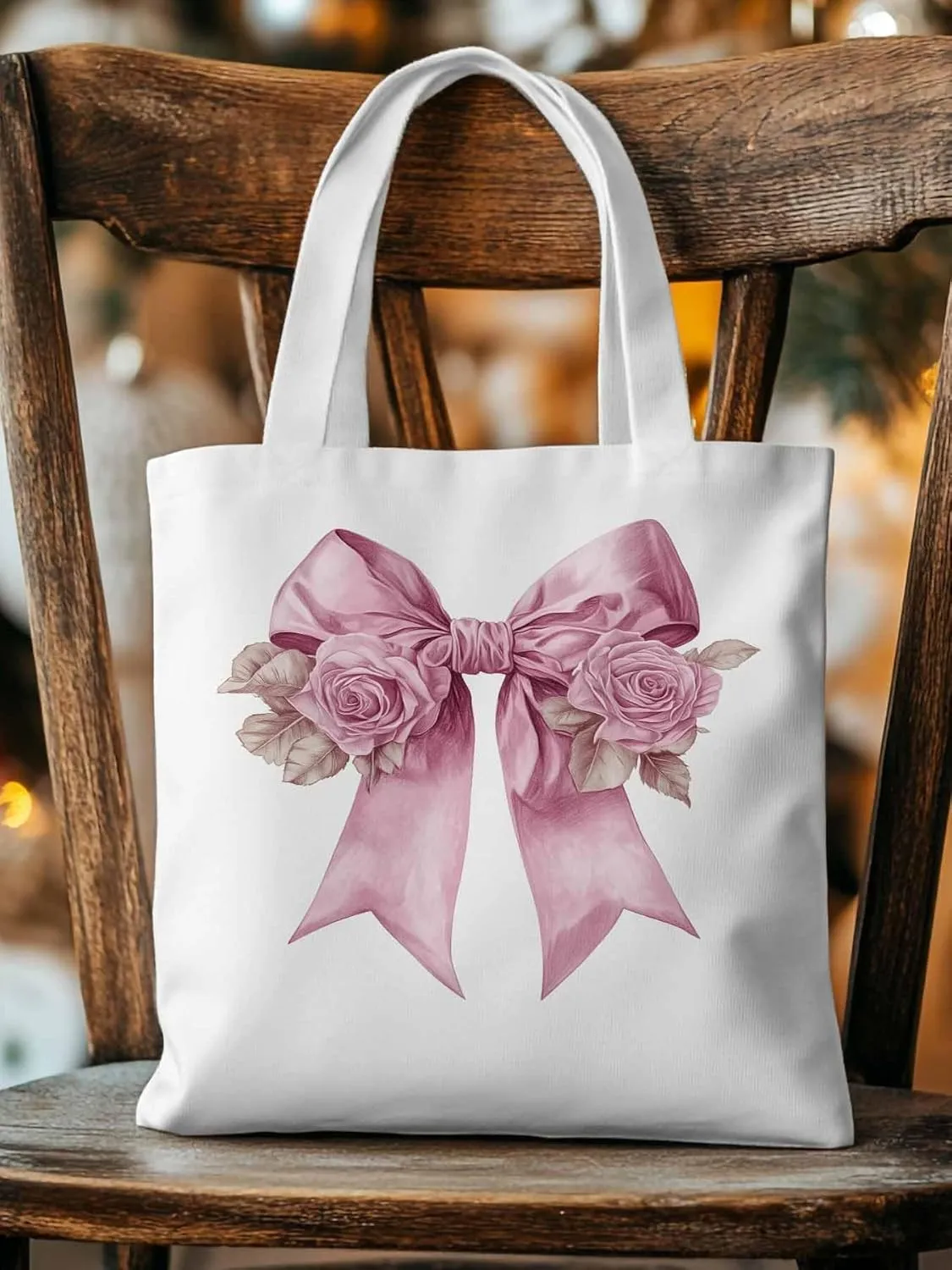 Canvas Tote Bag, Pink Valentine's Day Rose Floral Aesthetic Canvas Tote Handbags for Women Shoulder Bag