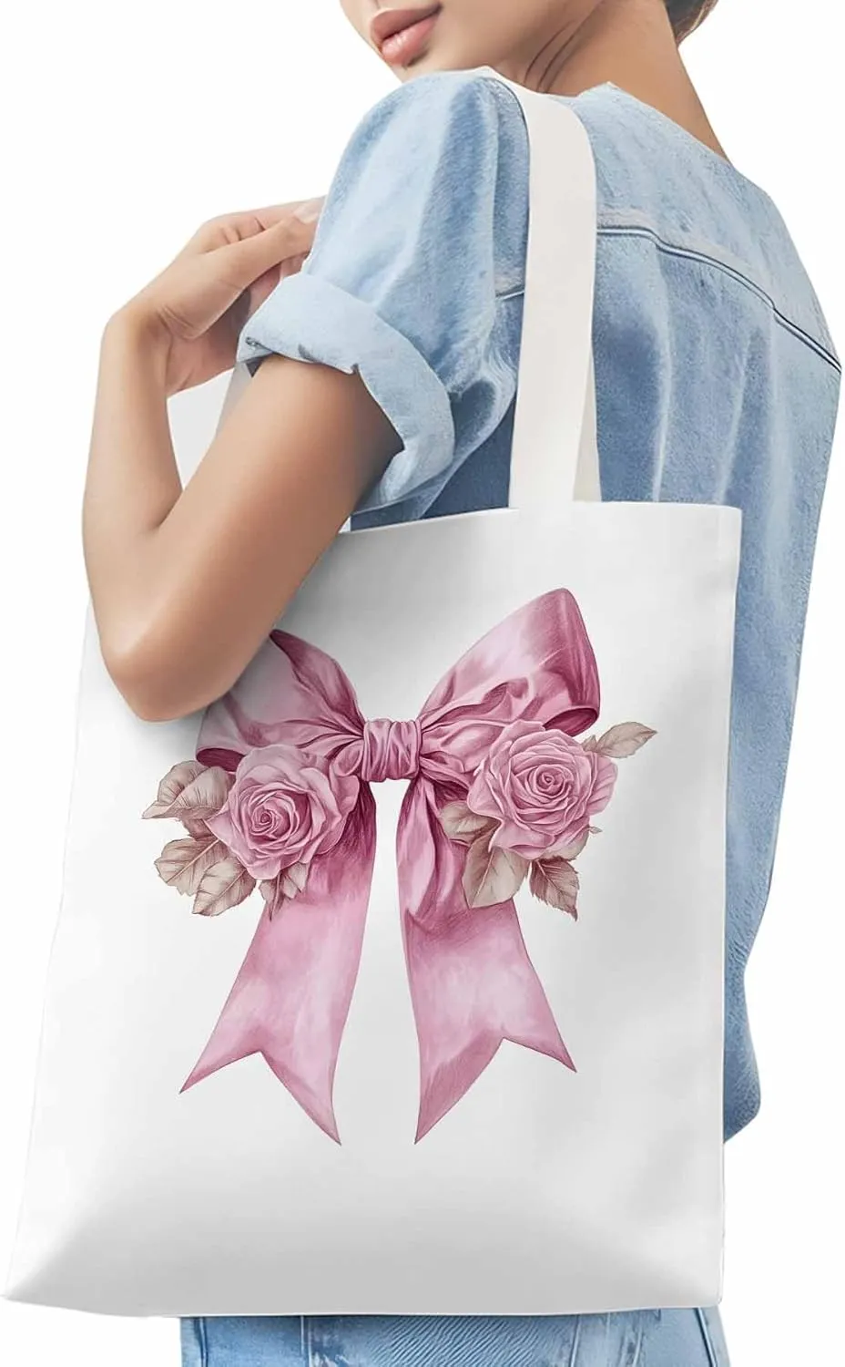 Canvas Tote Bag, Pink Valentine's Day Rose Floral Aesthetic Canvas Tote Handbags for Women Shoulder Bag