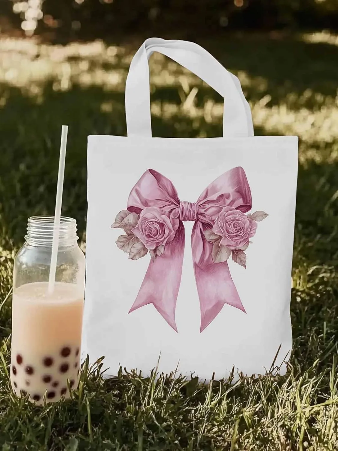 Canvas Tote Bag, Pink Valentine's Day Rose Floral Aesthetic Canvas Tote Handbags for Women Shoulder Bag