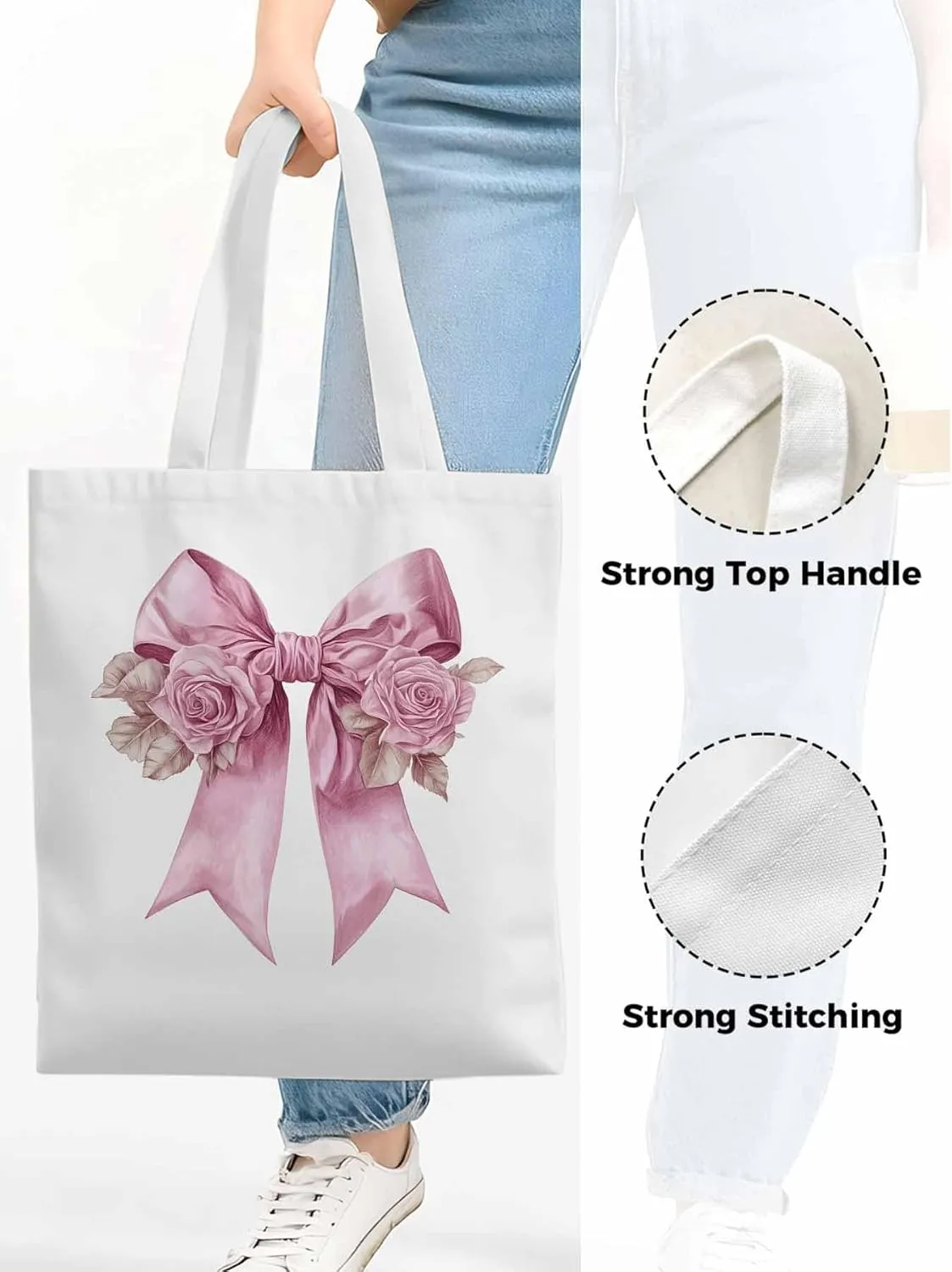 Canvas Tote Bag, Pink Valentine's Day Rose Floral Aesthetic Canvas Tote Handbags for Women Shoulder Bag