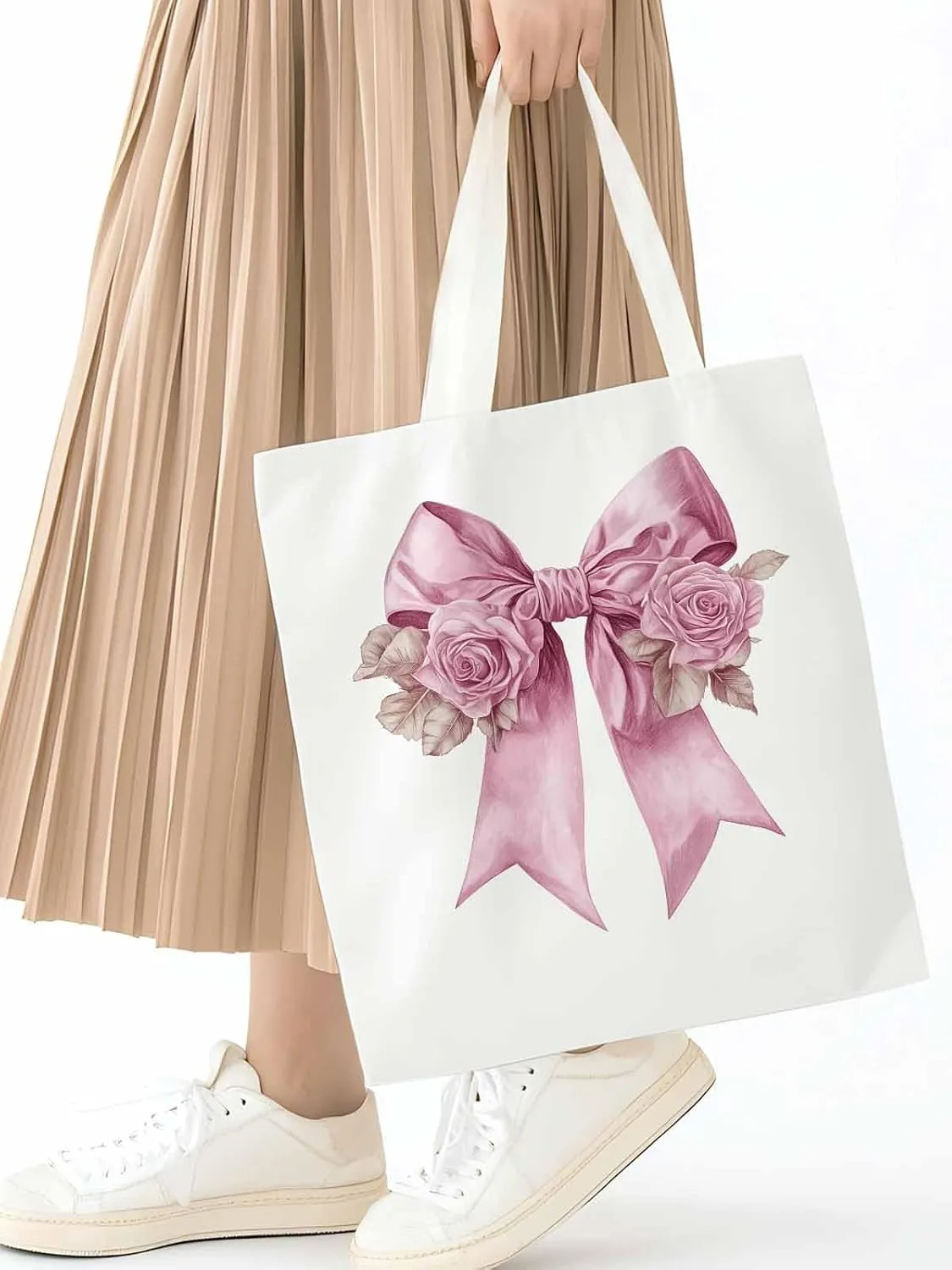 Canvas Tote Bag, Pink Valentine's Day Rose Floral Aesthetic Canvas Tote Handbags for Women Shoulder Bag