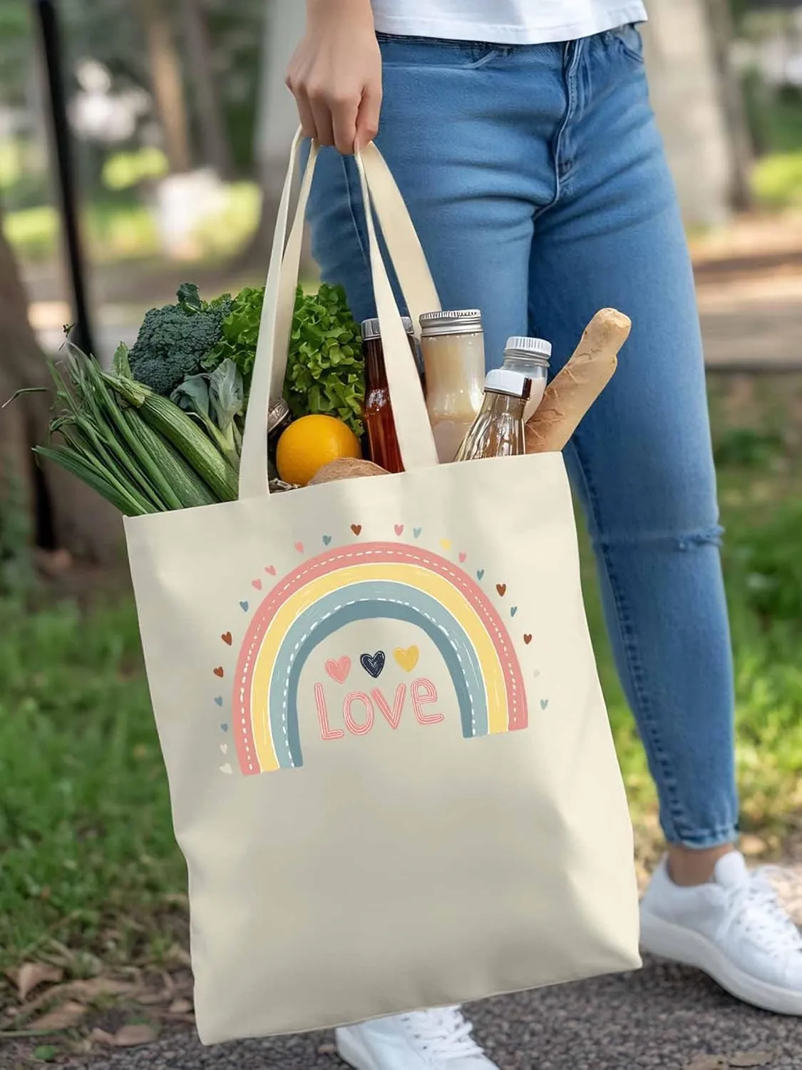 Canvas Tote Bag, Pretty Rainbow Colorful Valentines Love Aesthetic Canvas Tote Handbags for Women Shoulder Bag,
