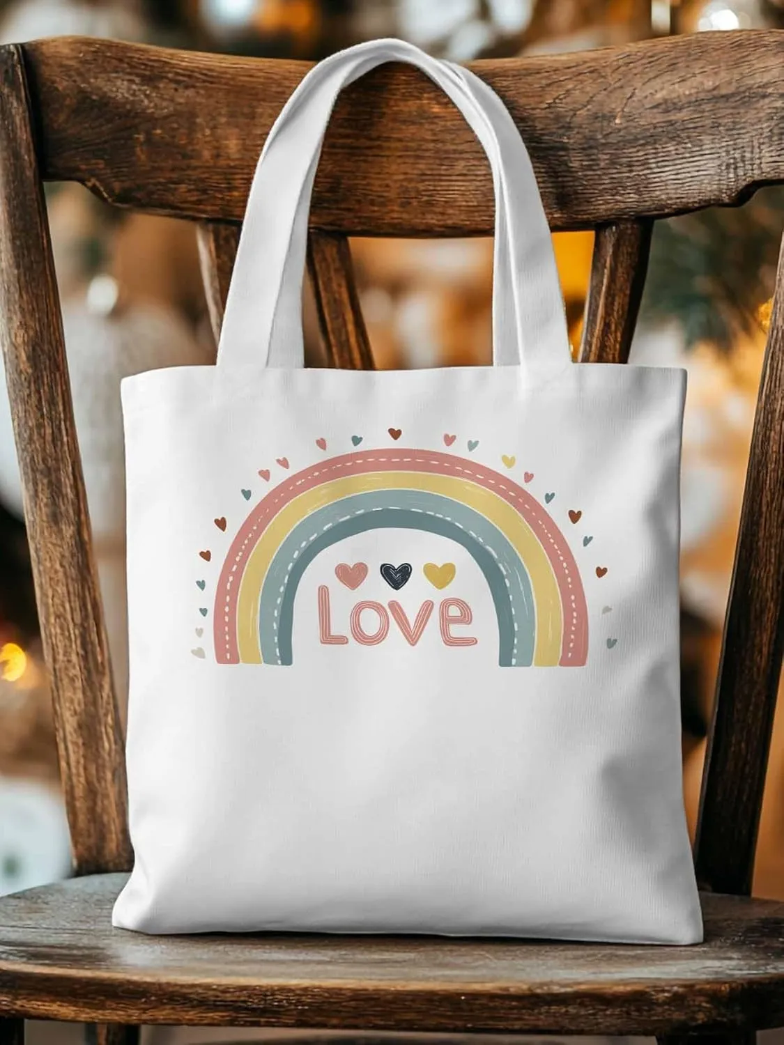 Canvas Tote Bag, Pretty Rainbow Colorful Valentines Love Aesthetic Canvas Tote Handbags for Women Shoulder Bag,