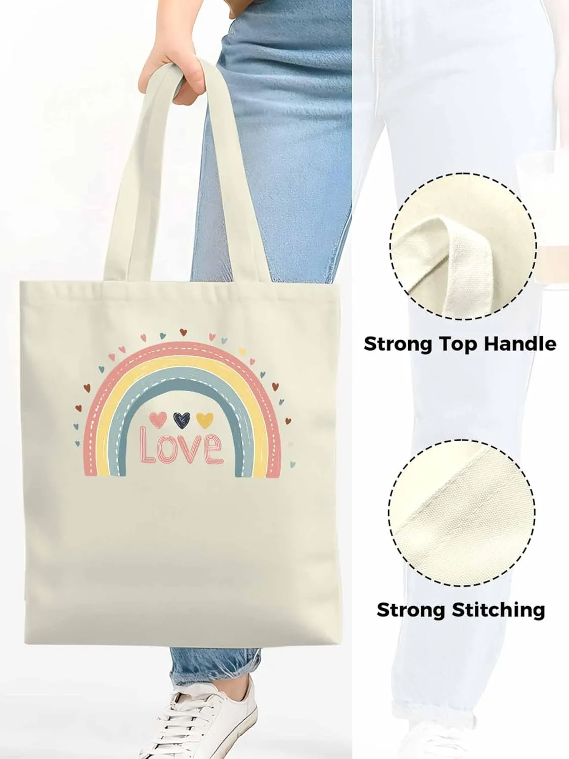 Canvas Tote Bag, Pretty Rainbow Colorful Valentines Love Aesthetic Canvas Tote Handbags for Women Shoulder Bag,