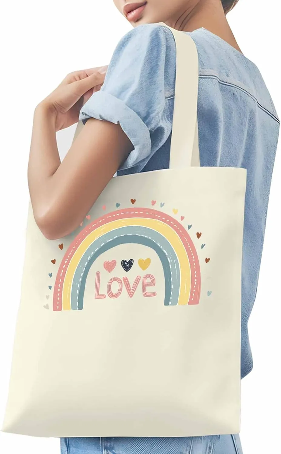Canvas Tote Bag, Pretty Rainbow Colorful Valentines Love Aesthetic Canvas Tote Handbags for Women Shoulder Bag,