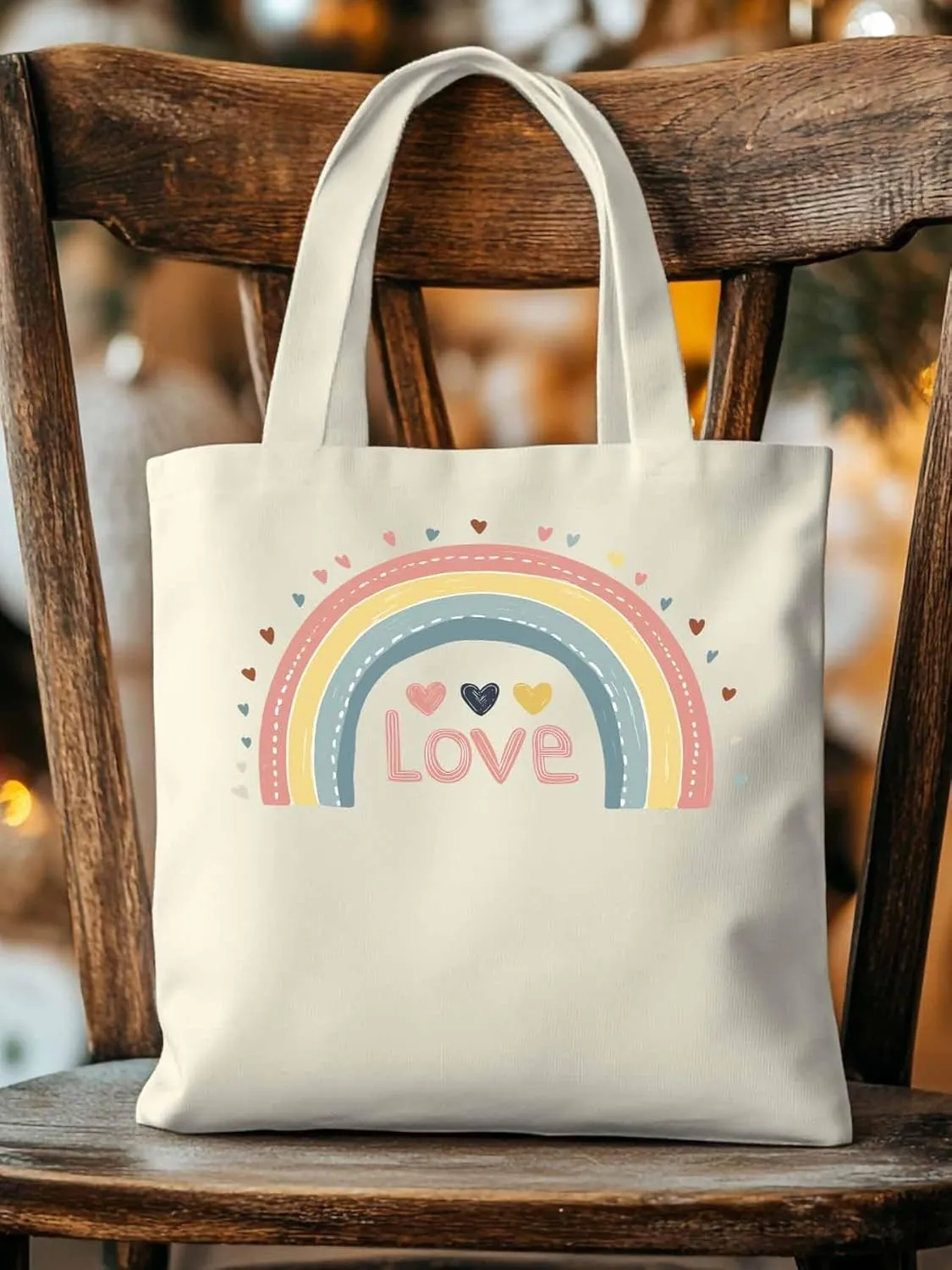 Canvas Tote Bag, Pretty Rainbow Colorful Valentines Love Aesthetic Canvas Tote Handbags for Women Shoulder Bag,