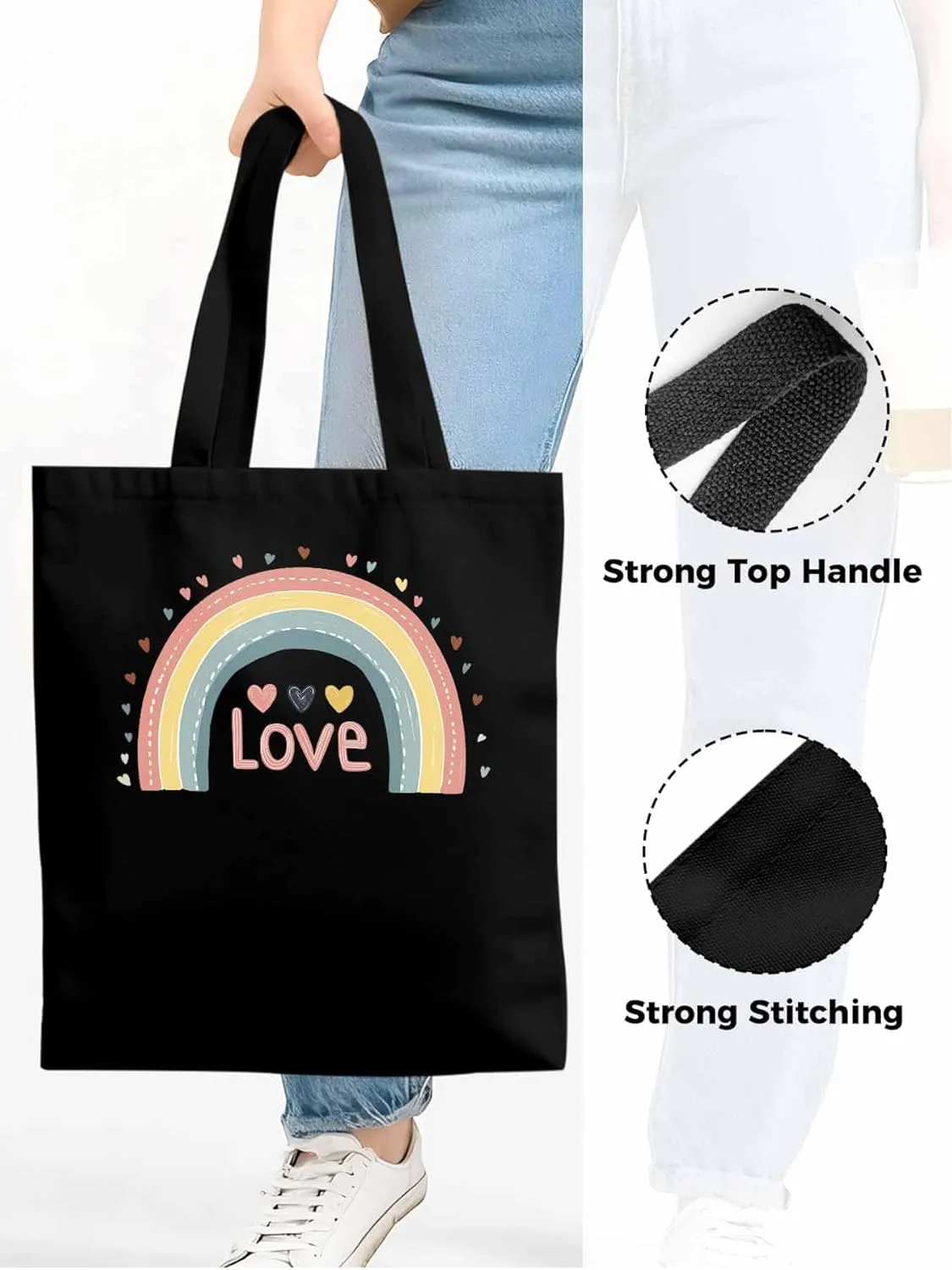Canvas Tote Bag, Pretty Rainbow Colorful Valentines Love Aesthetic Canvas Tote Handbags for Women Shoulder Bag,
