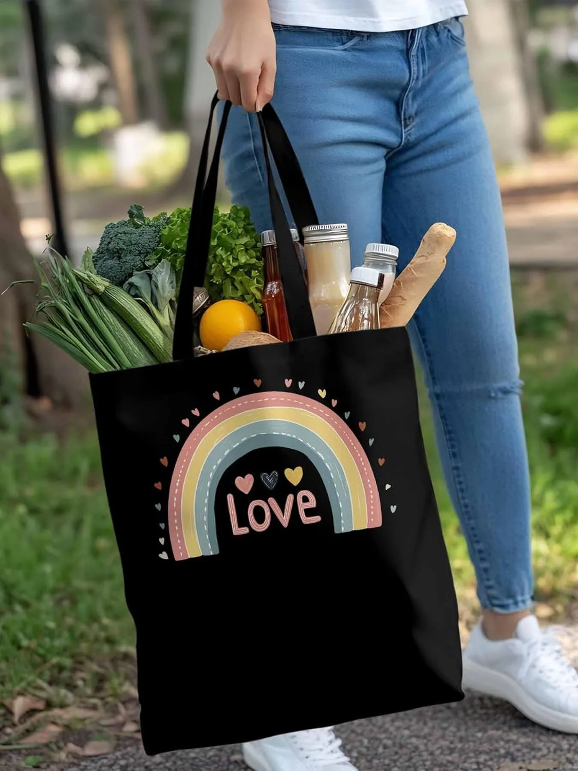 Canvas Tote Bag, Pretty Rainbow Colorful Valentines Love Aesthetic Canvas Tote Handbags for Women Shoulder Bag,