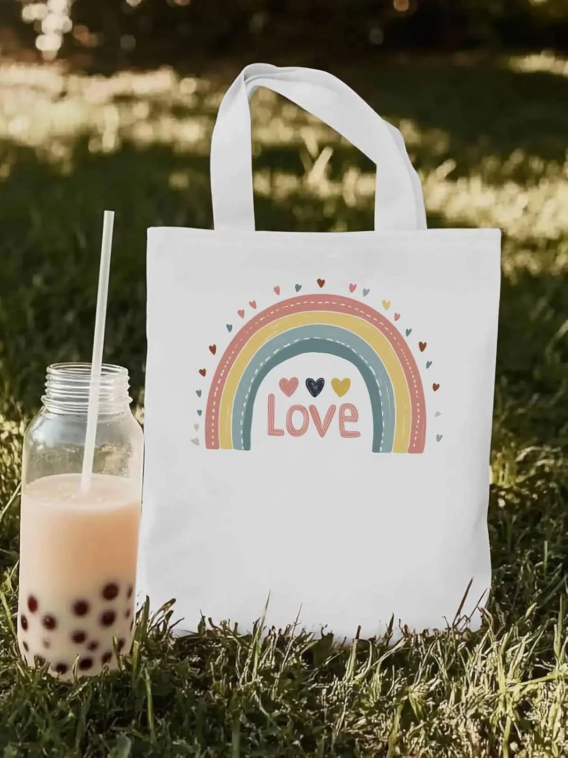 Canvas Tote Bag, Pretty Rainbow Colorful Valentines Love Aesthetic Canvas Tote Handbags for Women Shoulder Bag,