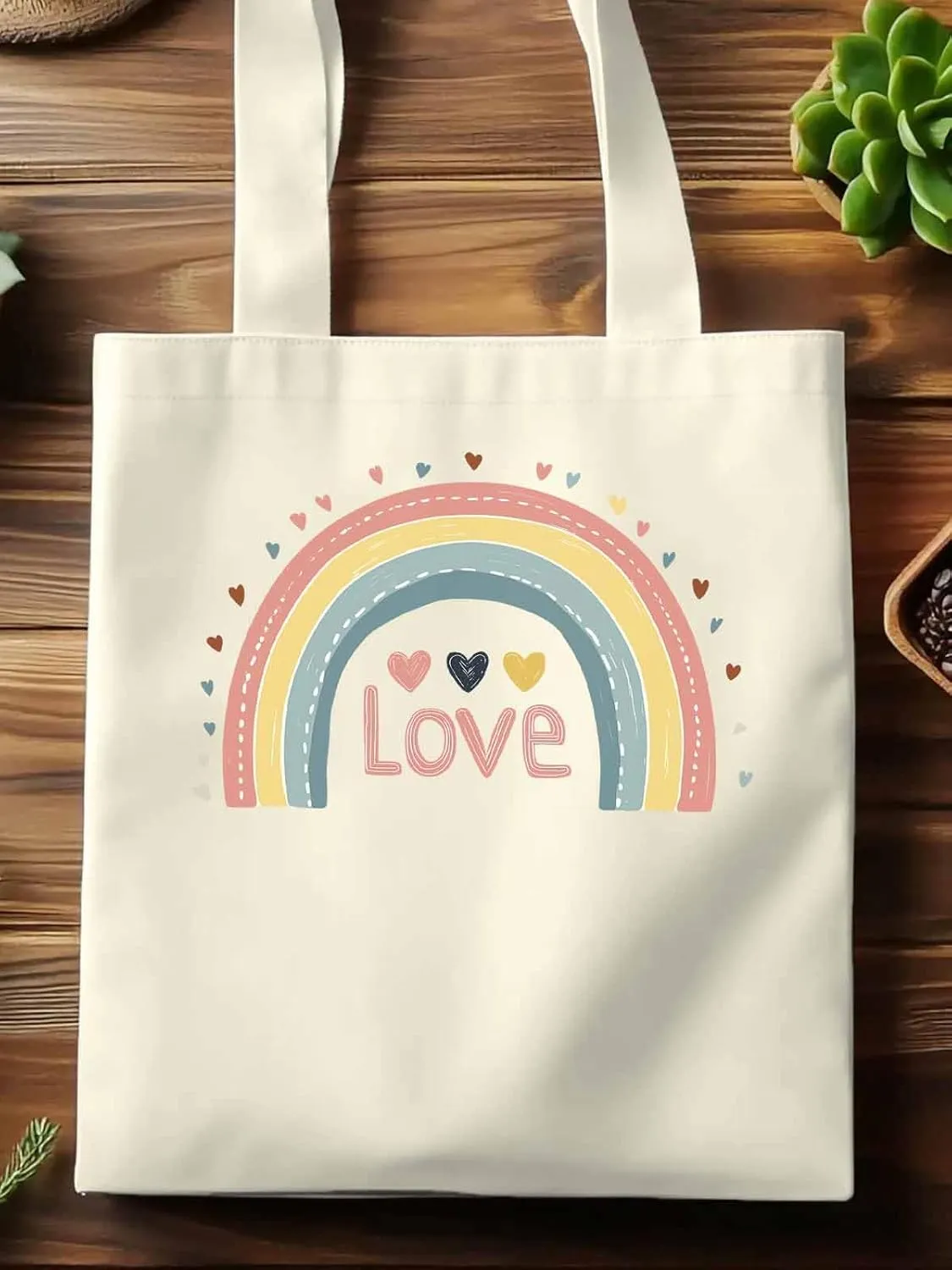Canvas Tote Bag, Pretty Rainbow Colorful Valentines Love Aesthetic Canvas Tote Handbags for Women Shoulder Bag,