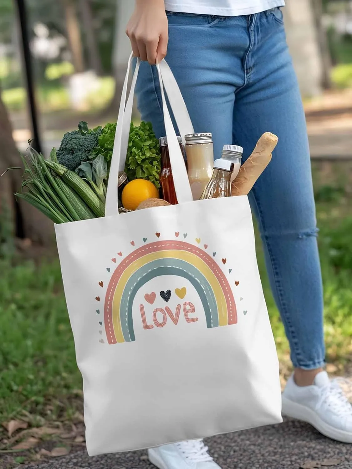 Canvas Tote Bag, Pretty Rainbow Colorful Valentines Love Aesthetic Canvas Tote Handbags for Women Shoulder Bag,
