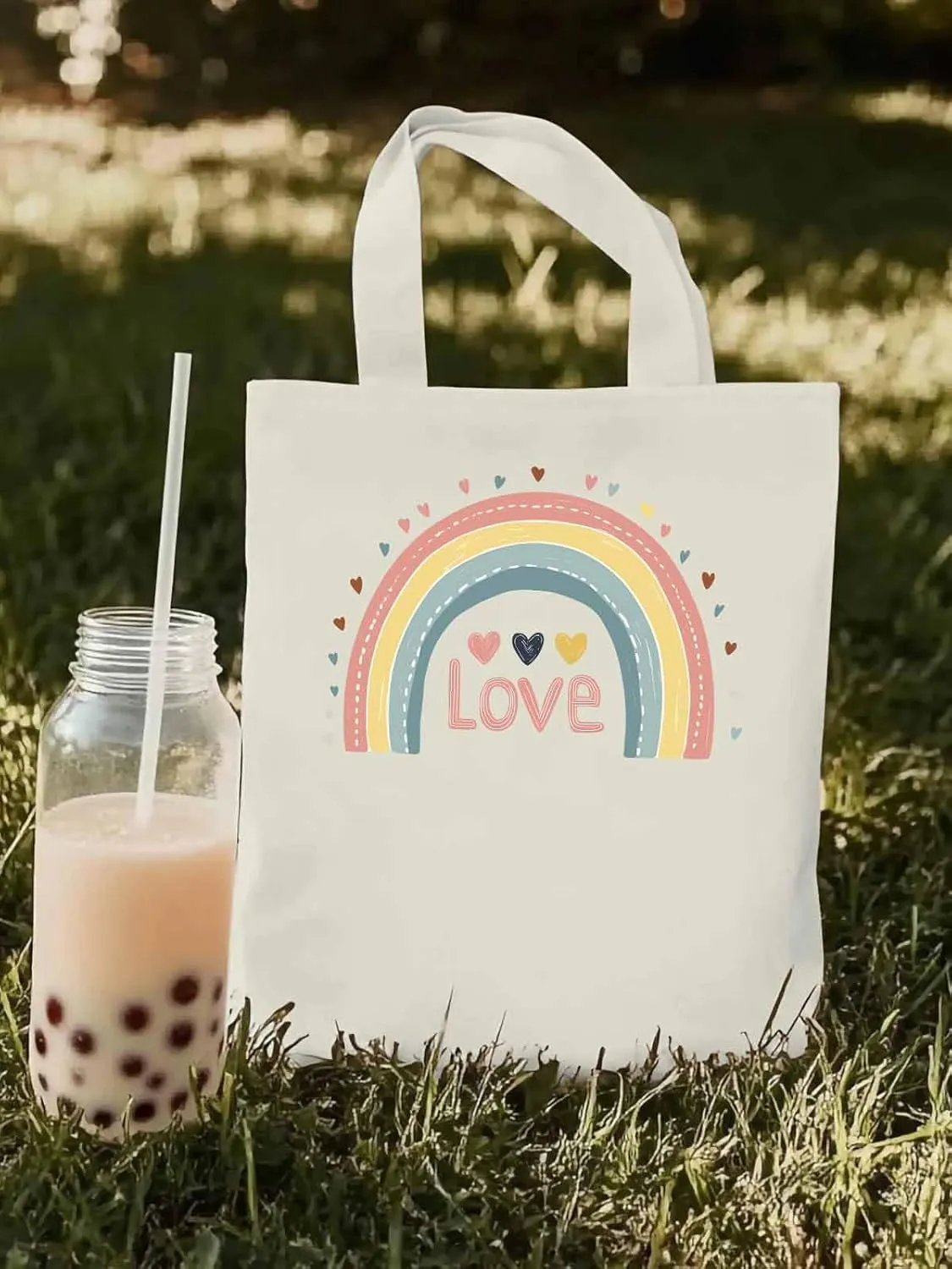 Canvas Tote Bag, Pretty Rainbow Colorful Valentines Love Aesthetic Canvas Tote Handbags for Women Shoulder Bag,