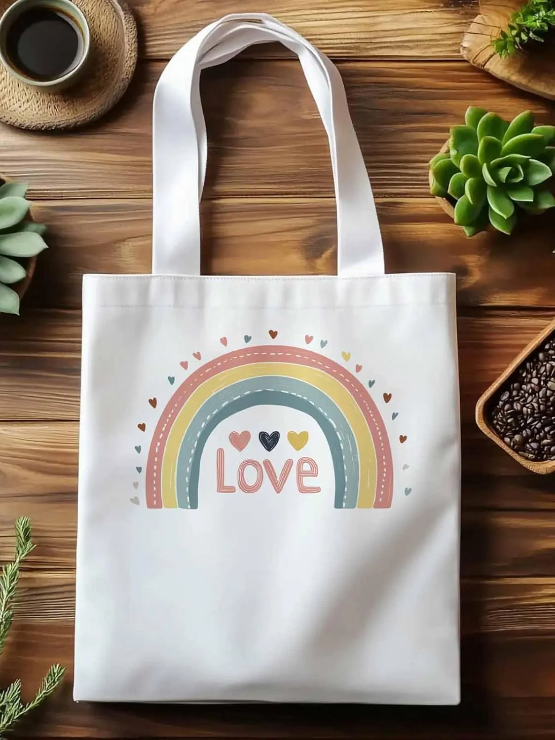 Canvas Tote Bag, Pretty Rainbow Colorful Valentines Love Aesthetic Canvas Tote Handbags for Women Shoulder Bag,