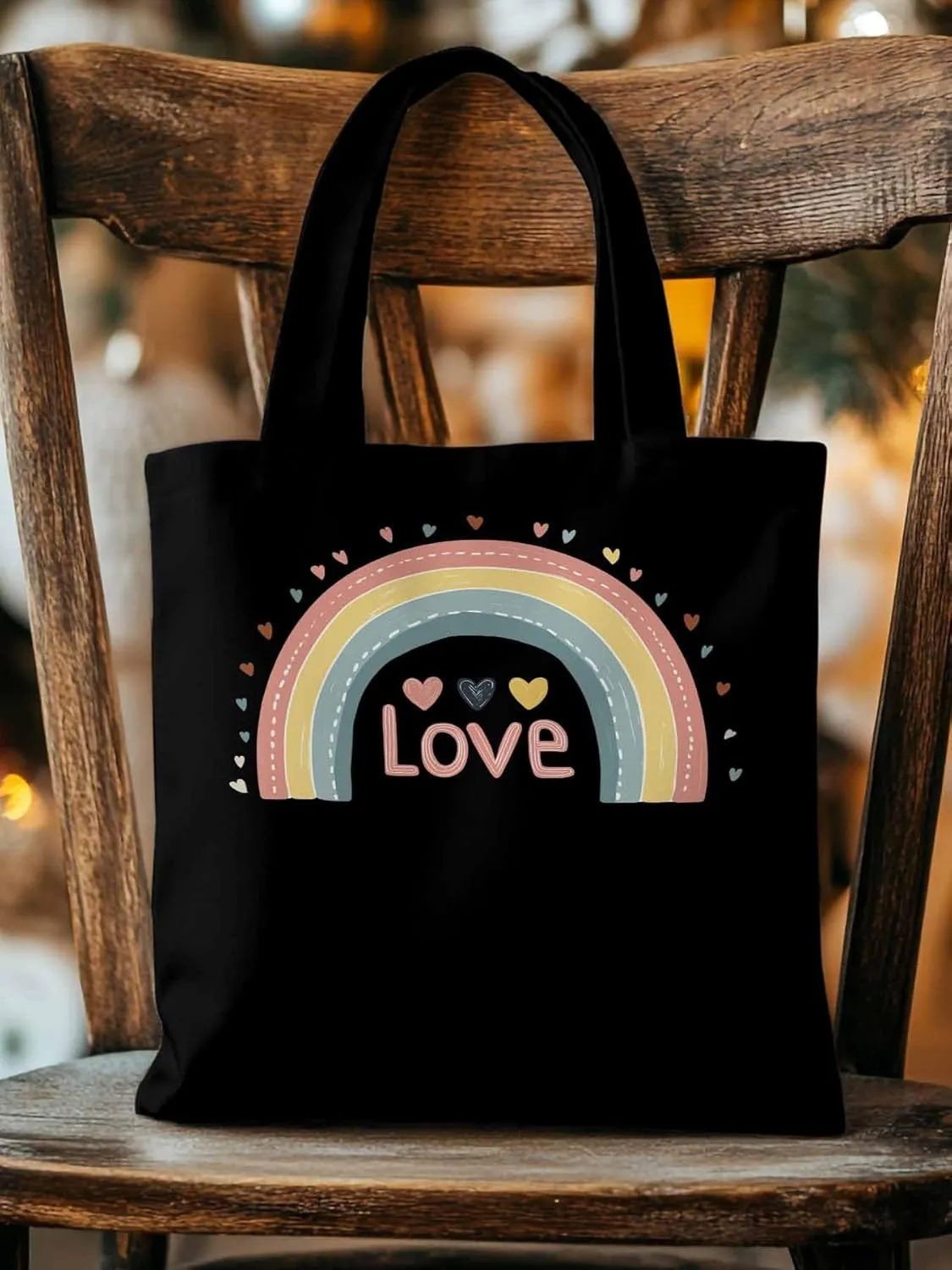 Canvas Tote Bag, Pretty Rainbow Colorful Valentines Love Aesthetic Canvas Tote Handbags for Women Shoulder Bag,