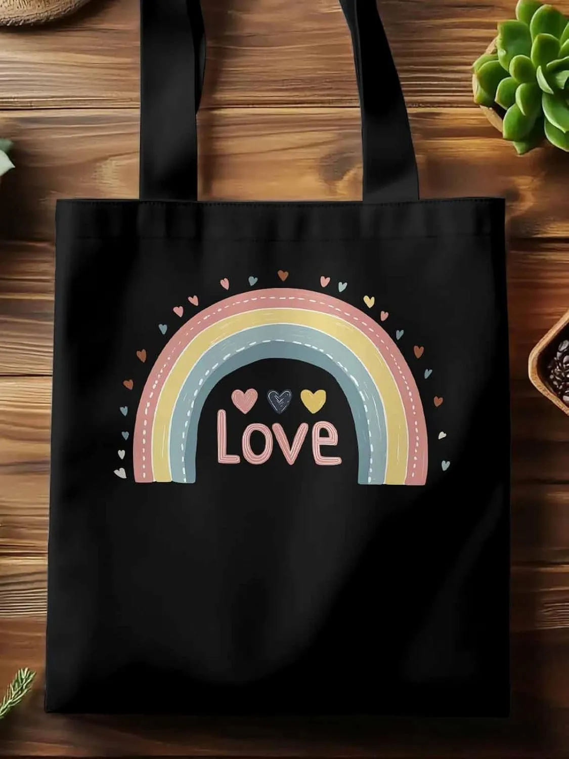 Canvas Tote Bag, Pretty Rainbow Colorful Valentines Love Aesthetic Canvas Tote Handbags for Women Shoulder Bag,