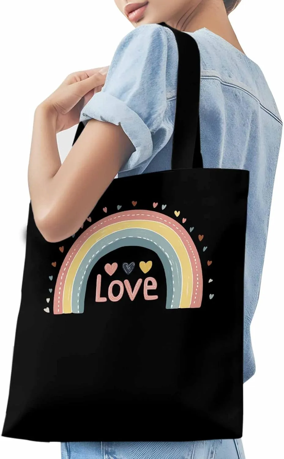Canvas Tote Bag, Pretty Rainbow Colorful Valentines Love Aesthetic Canvas Tote Handbags for Women Shoulder Bag,