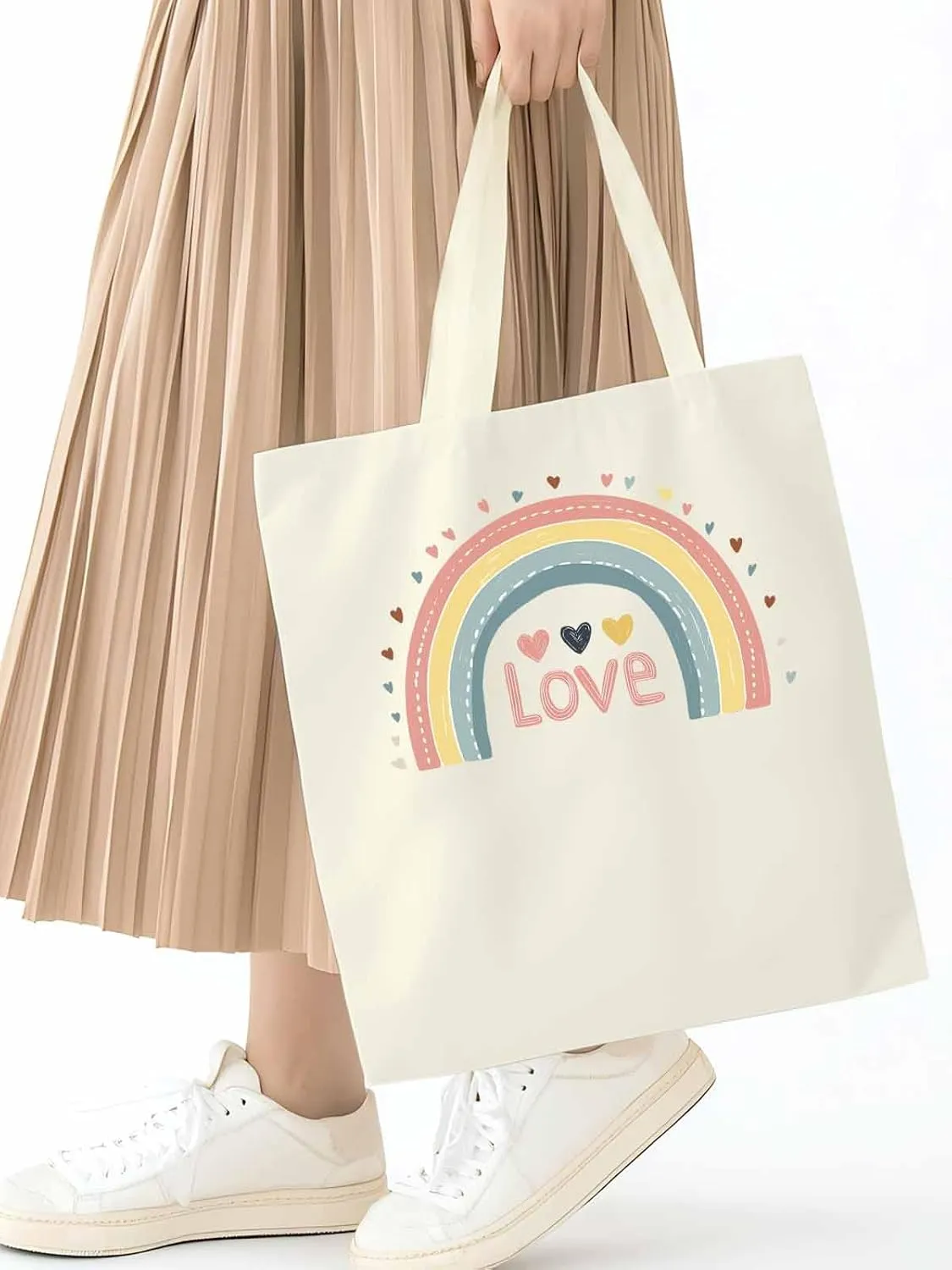 Canvas Tote Bag, Pretty Rainbow Colorful Valentines Love Aesthetic Canvas Tote Handbags for Women Shoulder Bag,