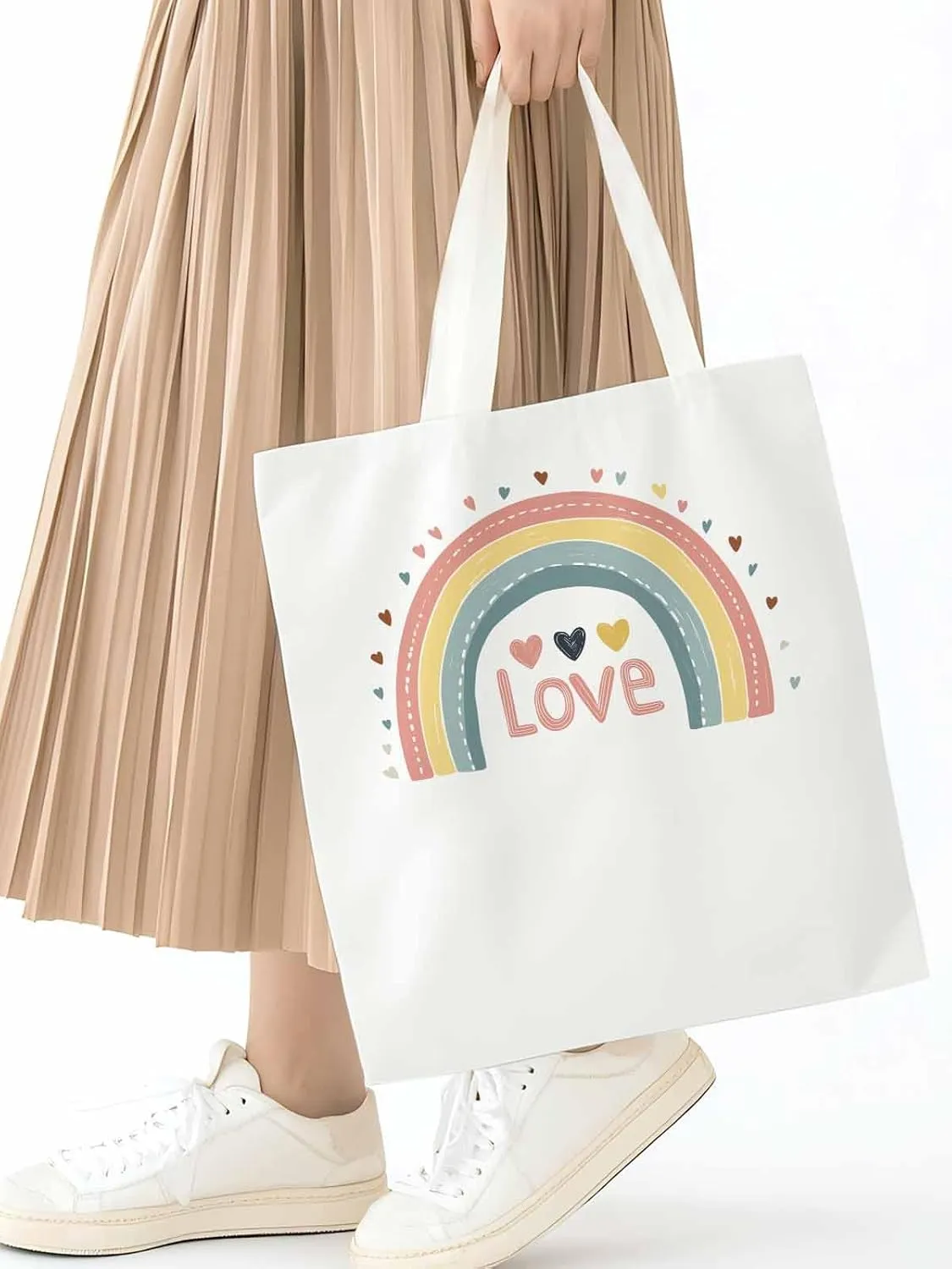Canvas Tote Bag, Pretty Rainbow Colorful Valentines Love Aesthetic Canvas Tote Handbags for Women Shoulder Bag,