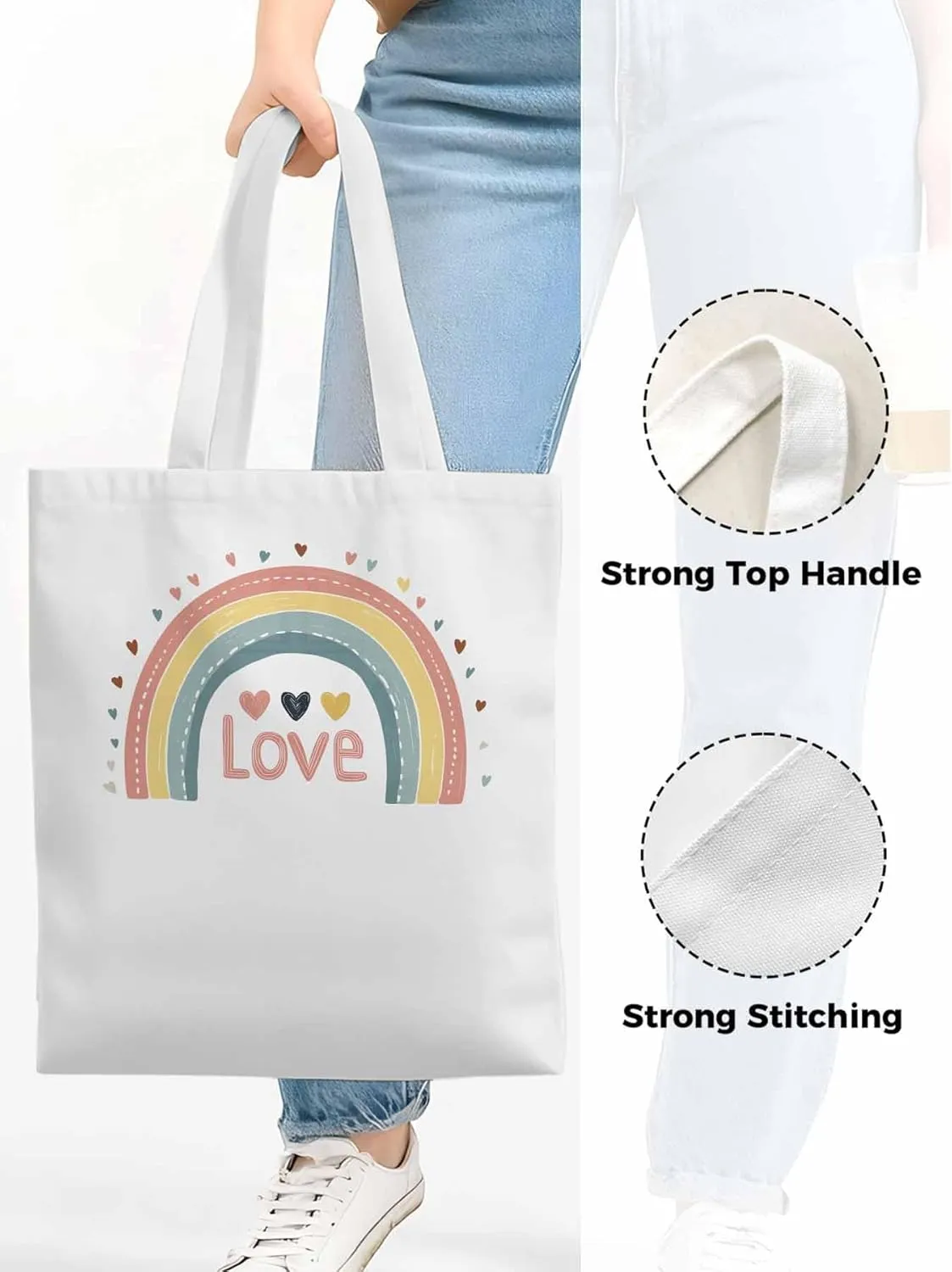 Canvas Tote Bag, Pretty Rainbow Colorful Valentines Love Aesthetic Canvas Tote Handbags for Women Shoulder Bag,
