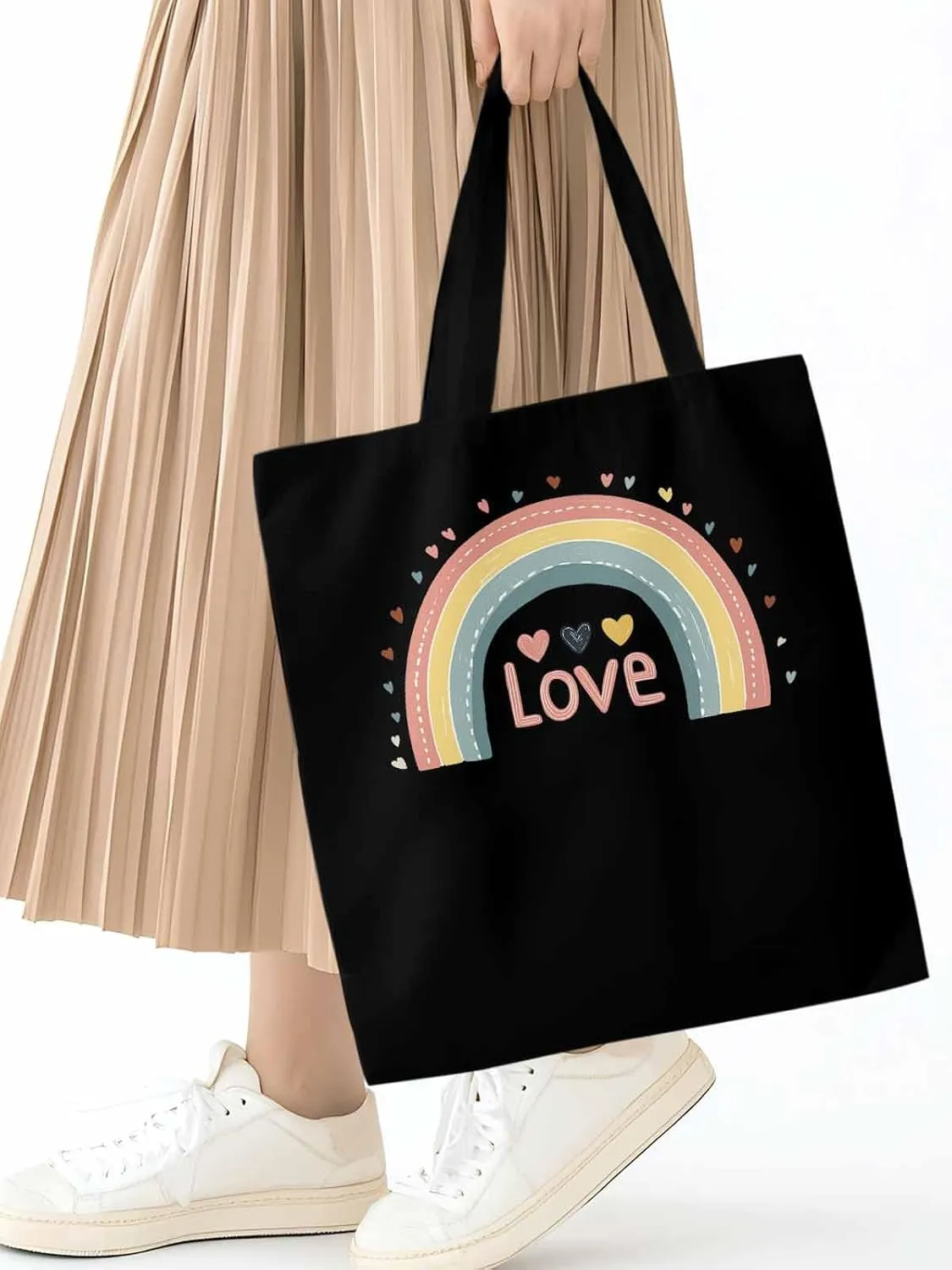 Canvas Tote Bag, Pretty Rainbow Colorful Valentines Love Aesthetic Canvas Tote Handbags for Women Shoulder Bag,