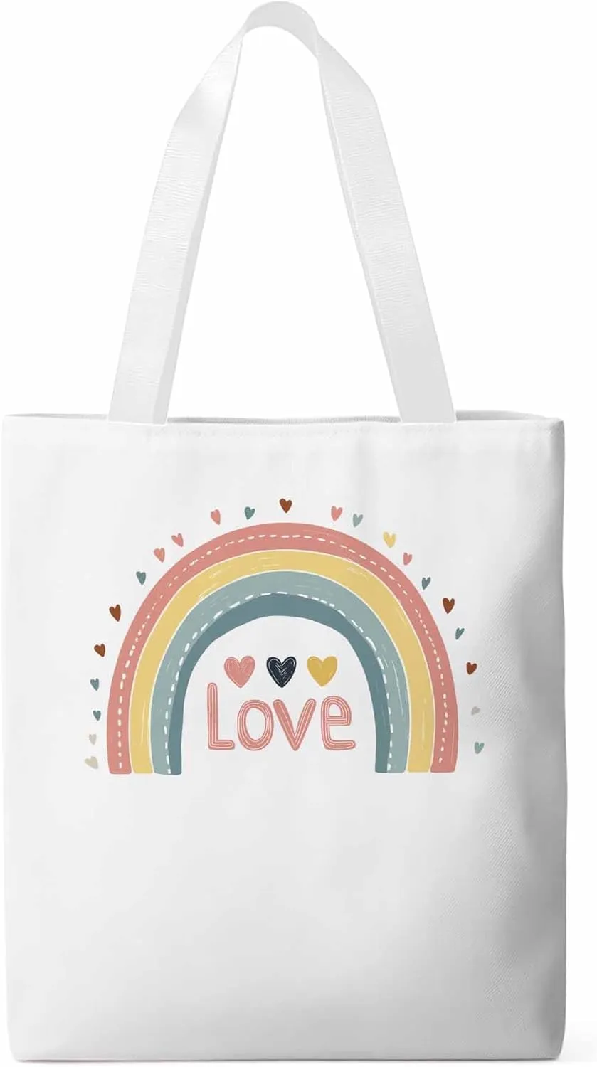 Canvas Tote Bag, Pretty Rainbow Colorful Valentines Love Aesthetic Canvas Tote Handbags for Women Shoulder Bag,