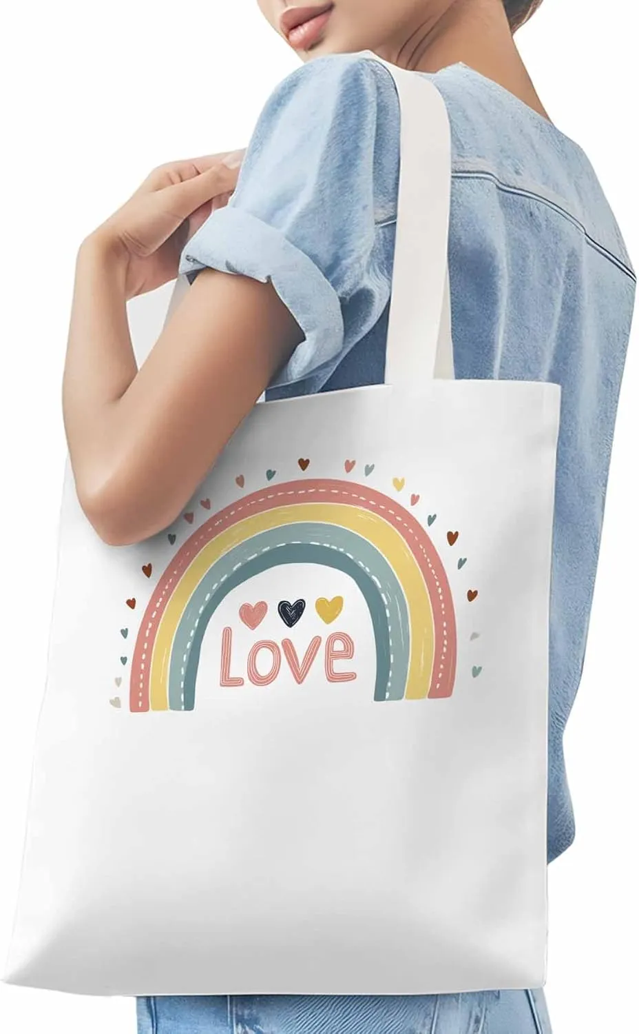 Canvas Tote Bag, Pretty Rainbow Colorful Valentines Love Aesthetic Canvas Tote Handbags for Women Shoulder Bag,