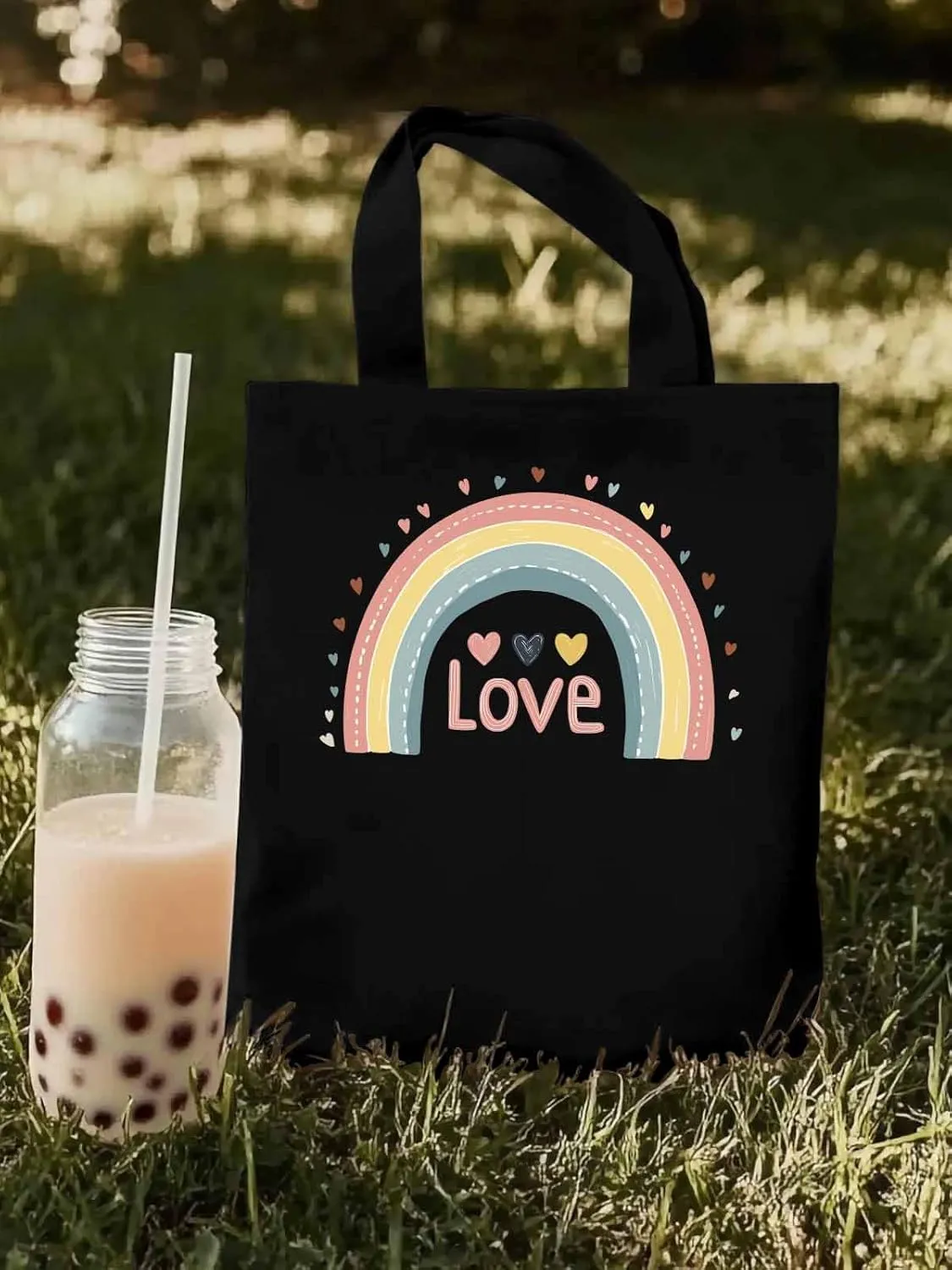 Canvas Tote Bag, Pretty Rainbow Colorful Valentines Love Aesthetic Canvas Tote Handbags for Women Shoulder Bag,