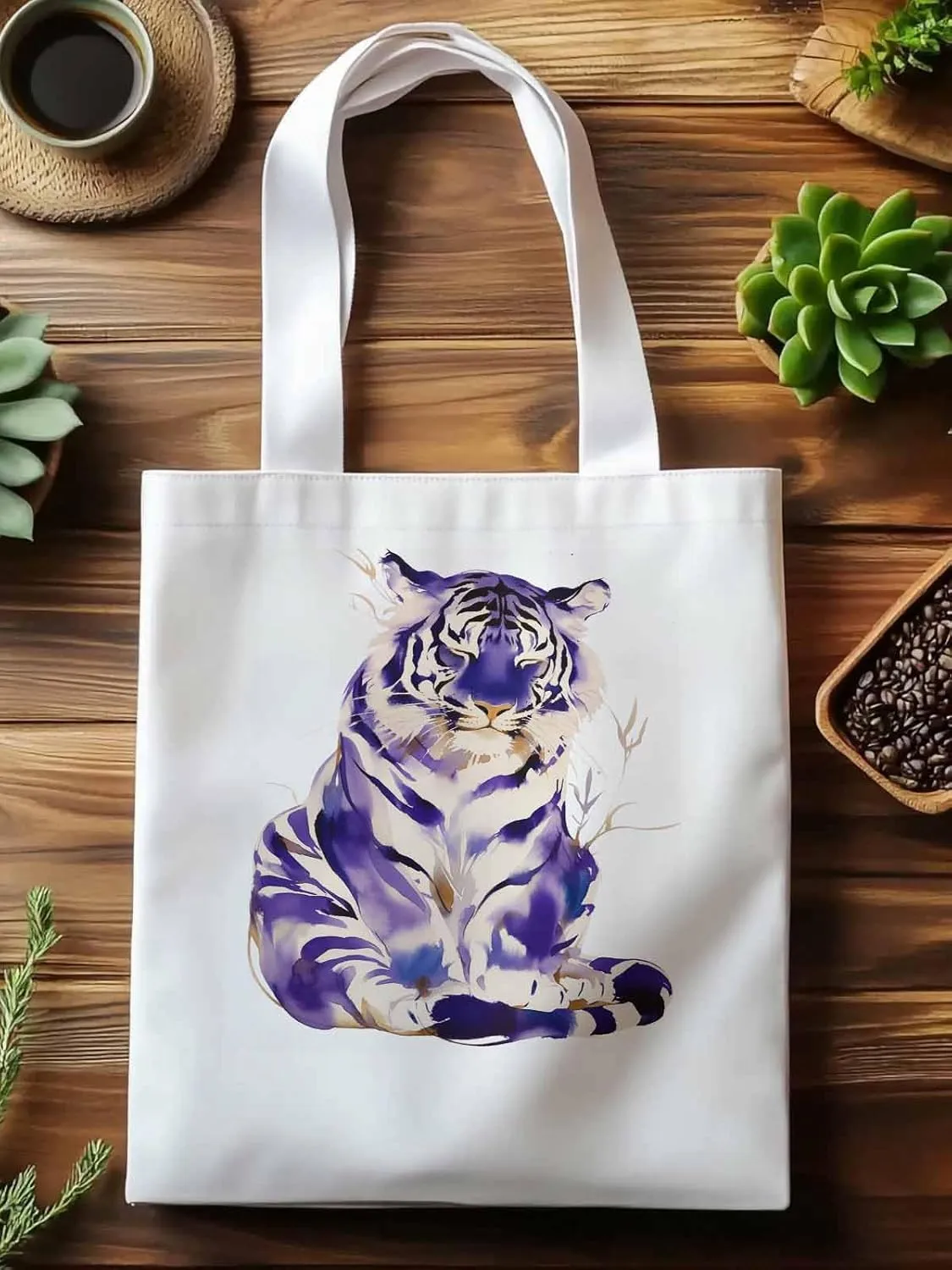 Canvas Tote Bag, Purple Tiger White Watercolor Aesthetic Canvas Tote Handbags for Women Shoulder Bag