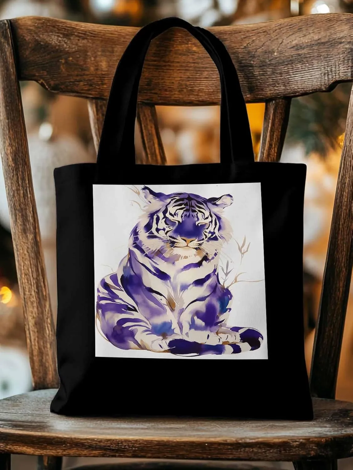Canvas Tote Bag, Purple Tiger White Watercolor Aesthetic Canvas Tote Handbags for Women Shoulder Bag