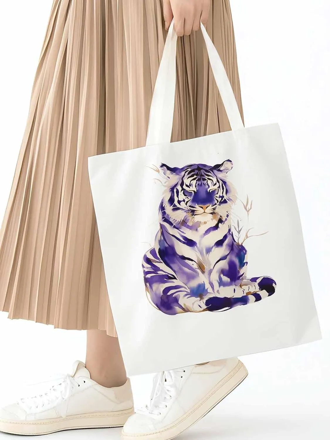 Canvas Tote Bag, Purple Tiger White Watercolor Aesthetic Canvas Tote Handbags for Women Shoulder Bag