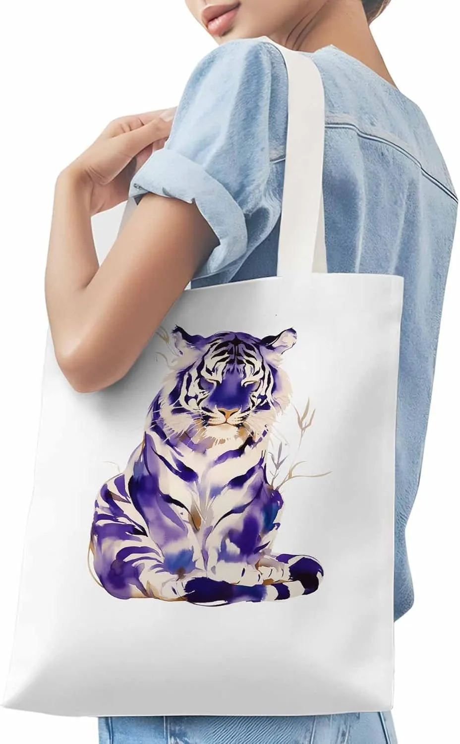Canvas Tote Bag, Purple Tiger White Watercolor Aesthetic Canvas Tote Handbags for Women Shoulder Bag
