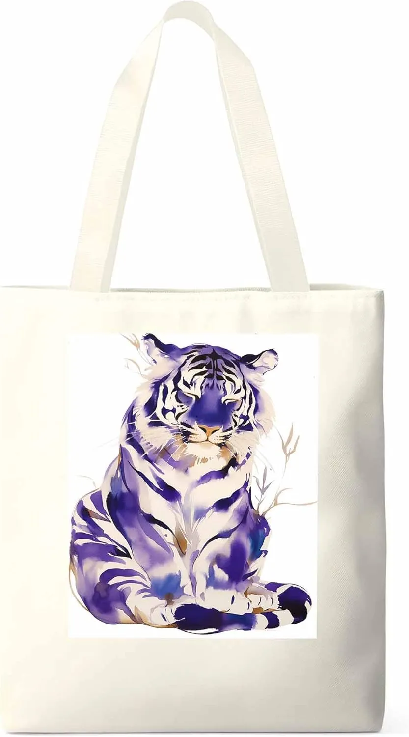 Canvas Tote Bag, Purple Tiger White Watercolor Aesthetic Canvas Tote Handbags for Women Shoulder Bag