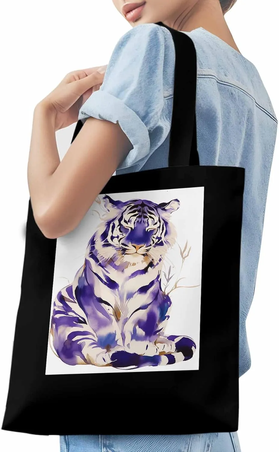 Canvas Tote Bag, Purple Tiger White Watercolor Aesthetic Canvas Tote Handbags for Women Shoulder Bag