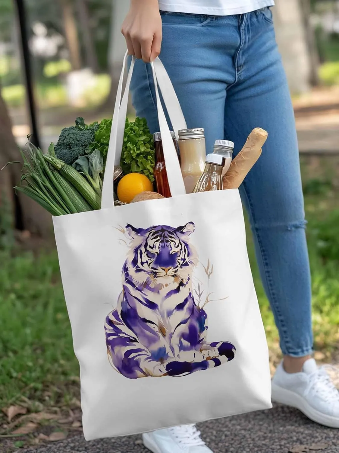 Canvas Tote Bag, Purple Tiger White Watercolor Aesthetic Canvas Tote Handbags for Women Shoulder Bag