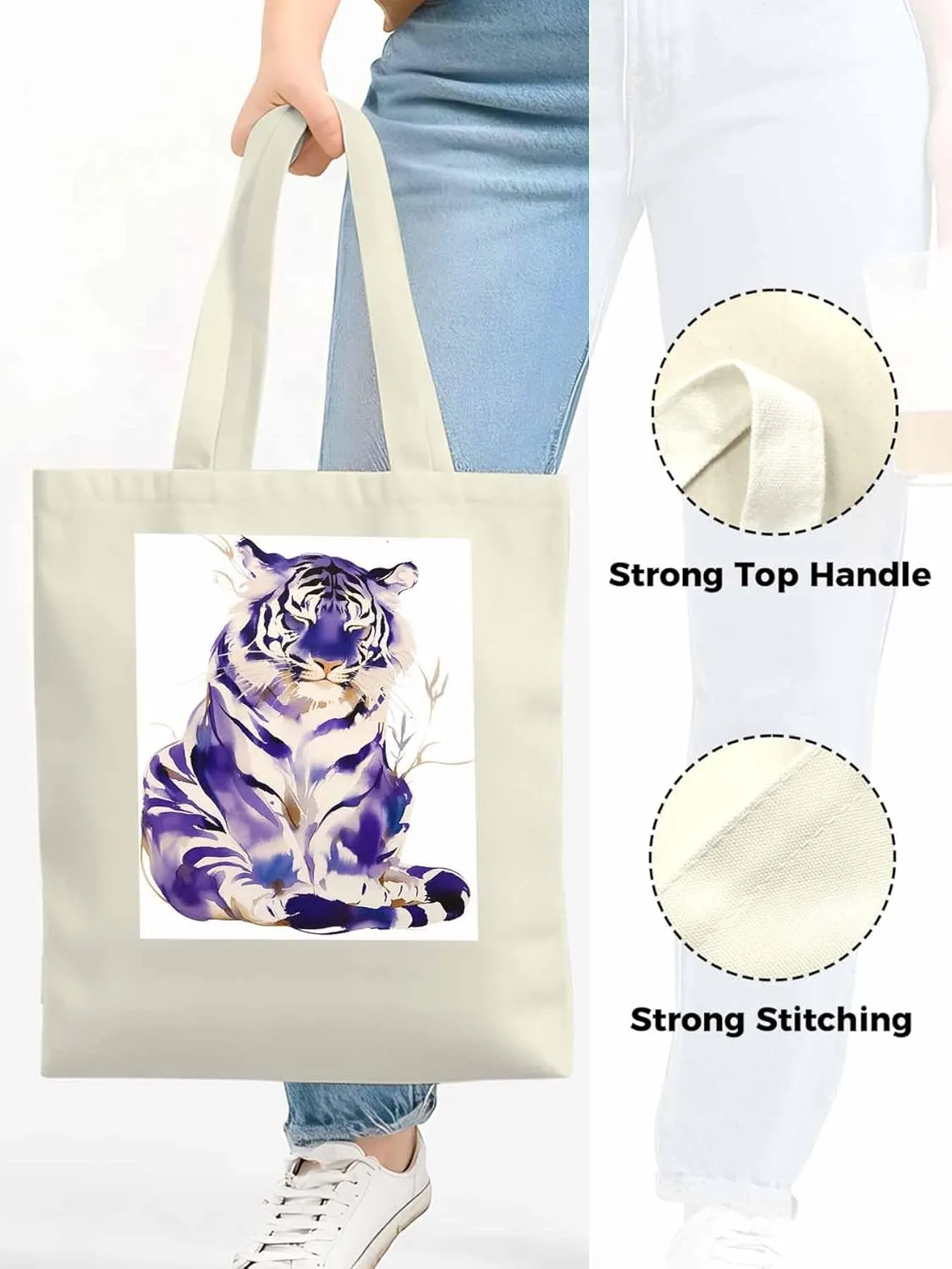 Canvas Tote Bag, Purple Tiger White Watercolor Aesthetic Canvas Tote Handbags for Women Shoulder Bag