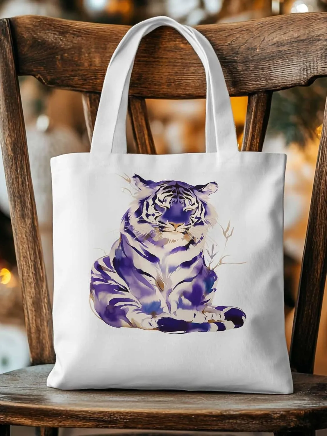 Canvas Tote Bag, Purple Tiger White Watercolor Aesthetic Canvas Tote Handbags for Women Shoulder Bag