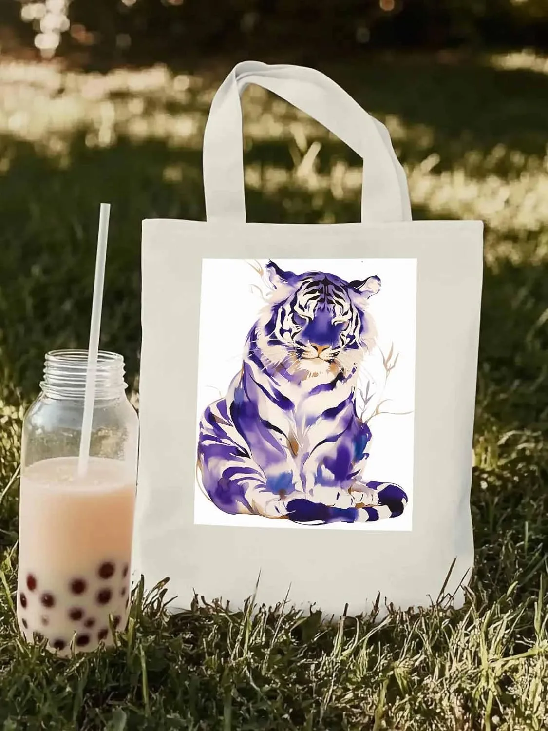 Canvas Tote Bag, Purple Tiger White Watercolor Aesthetic Canvas Tote Handbags for Women Shoulder Bag