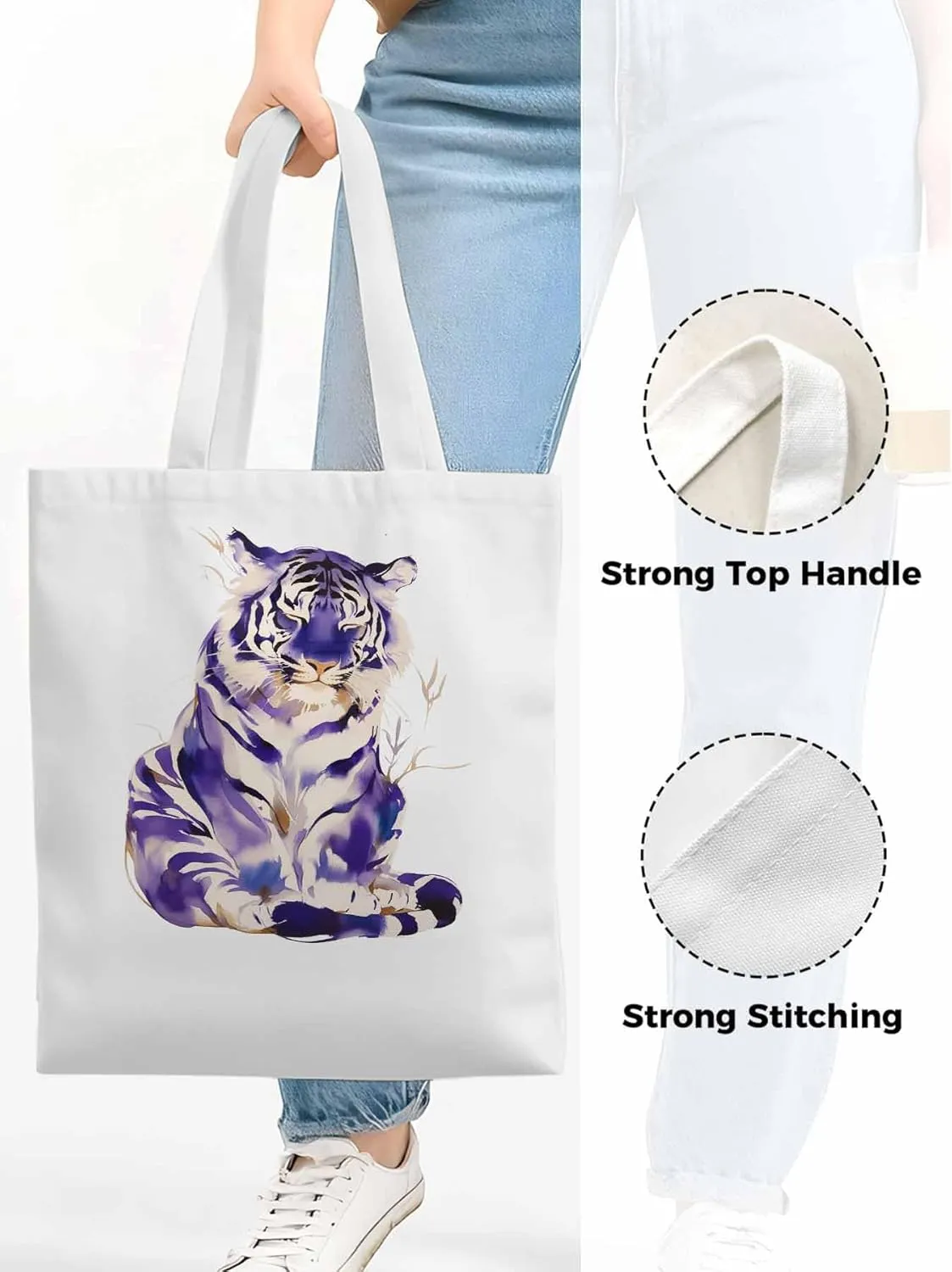 Canvas Tote Bag, Purple Tiger White Watercolor Aesthetic Canvas Tote Handbags for Women Shoulder Bag