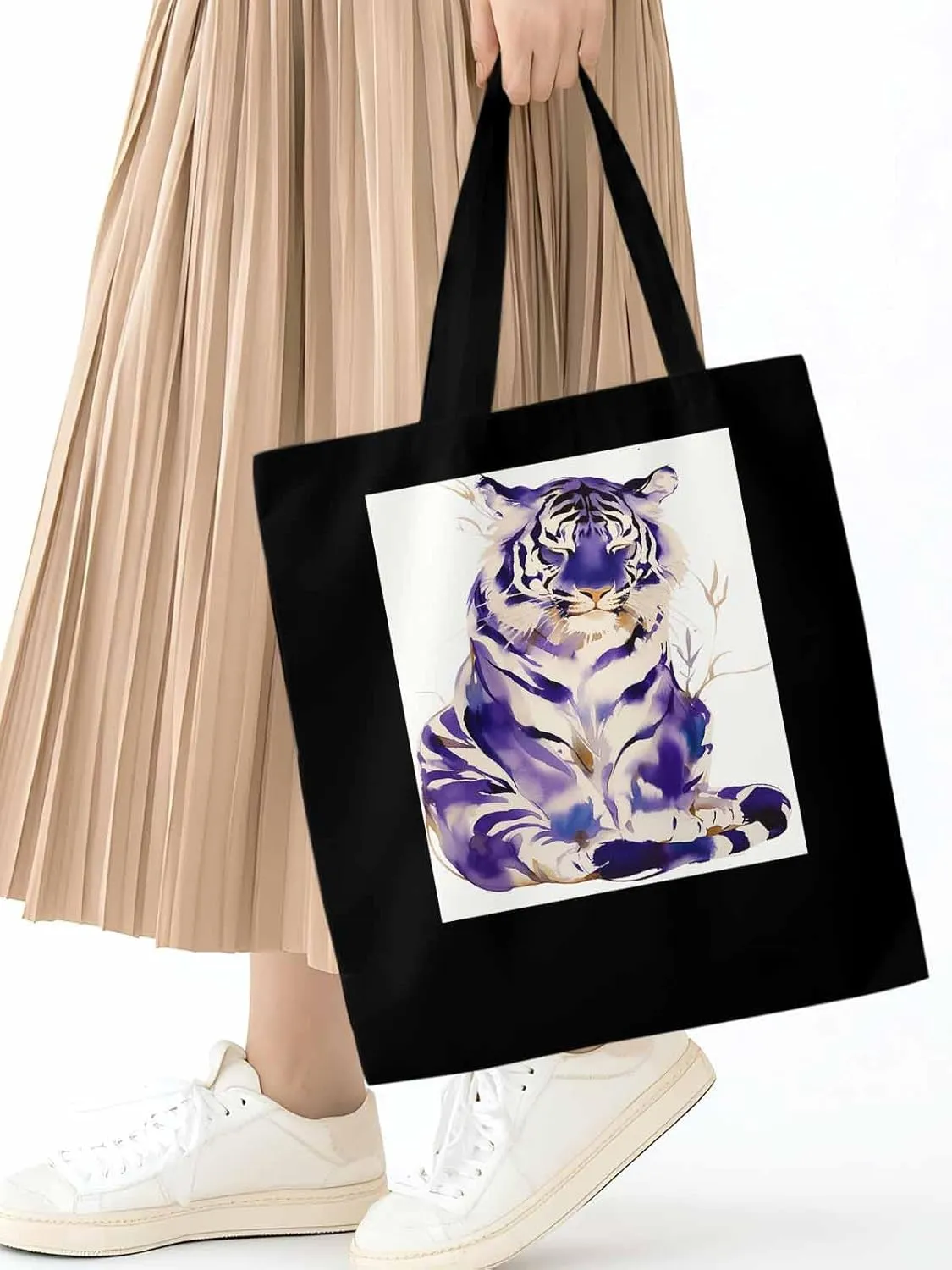 Canvas Tote Bag, Purple Tiger White Watercolor Aesthetic Canvas Tote Handbags for Women Shoulder Bag