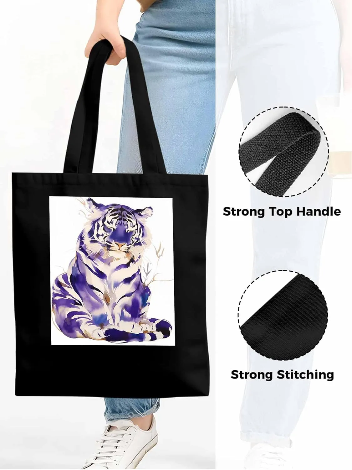 Canvas Tote Bag, Purple Tiger White Watercolor Aesthetic Canvas Tote Handbags for Women Shoulder Bag