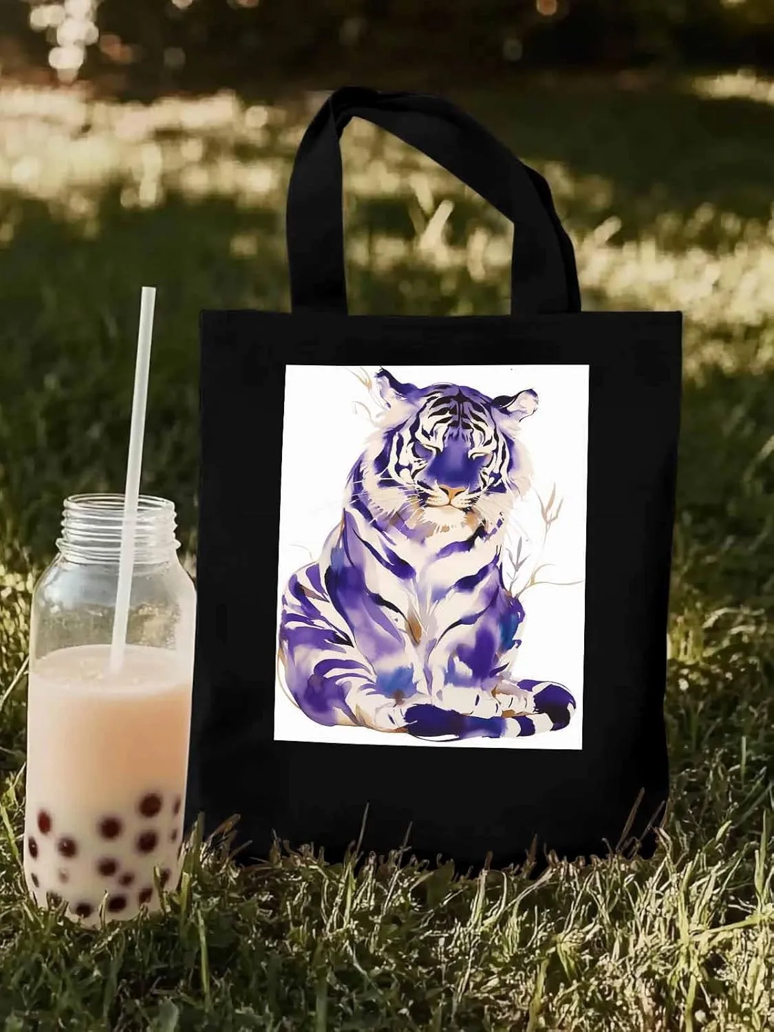 Canvas Tote Bag, Purple Tiger White Watercolor Aesthetic Canvas Tote Handbags for Women Shoulder Bag