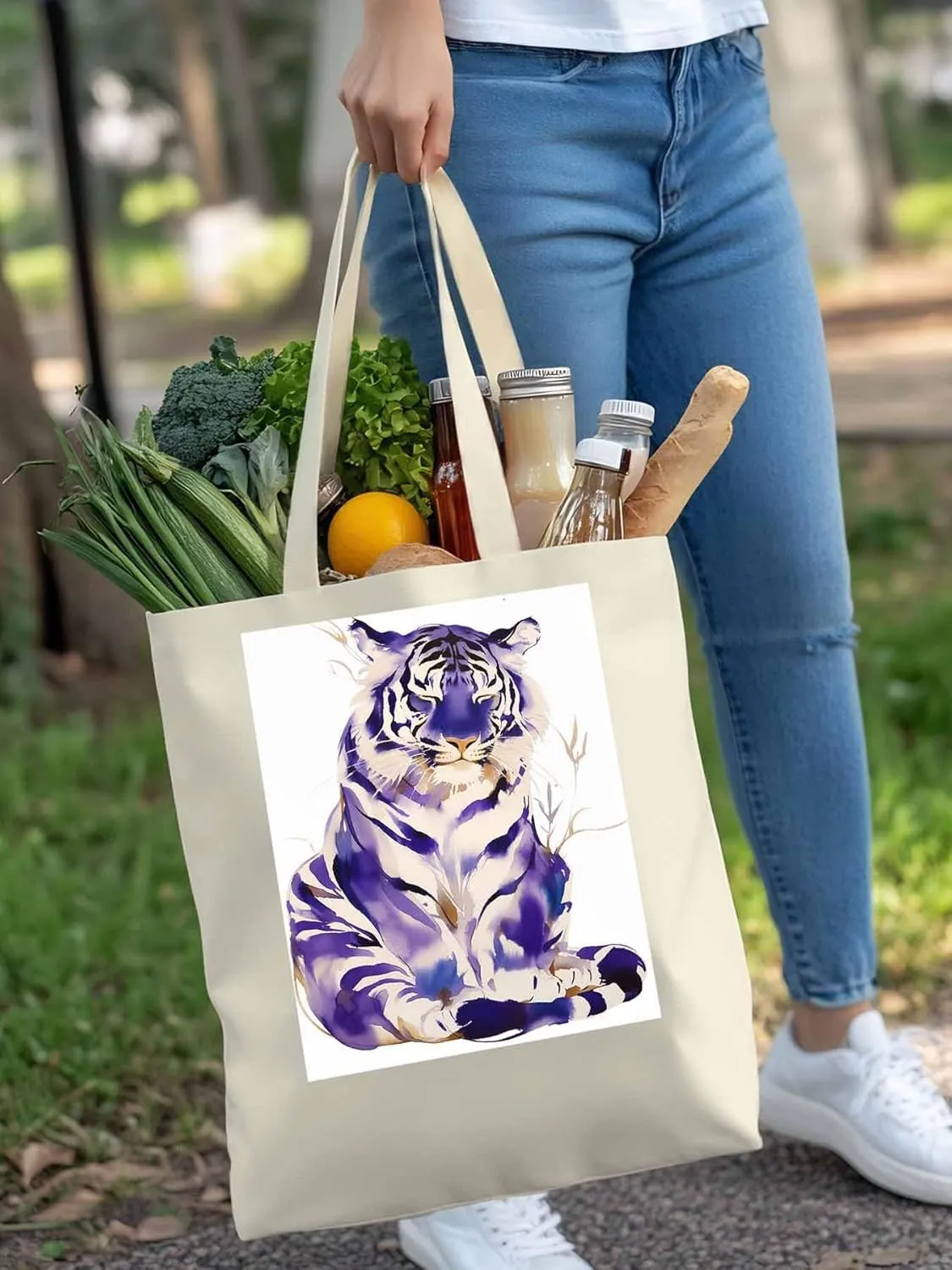Canvas Tote Bag, Purple Tiger White Watercolor Aesthetic Canvas Tote Handbags for Women Shoulder Bag
