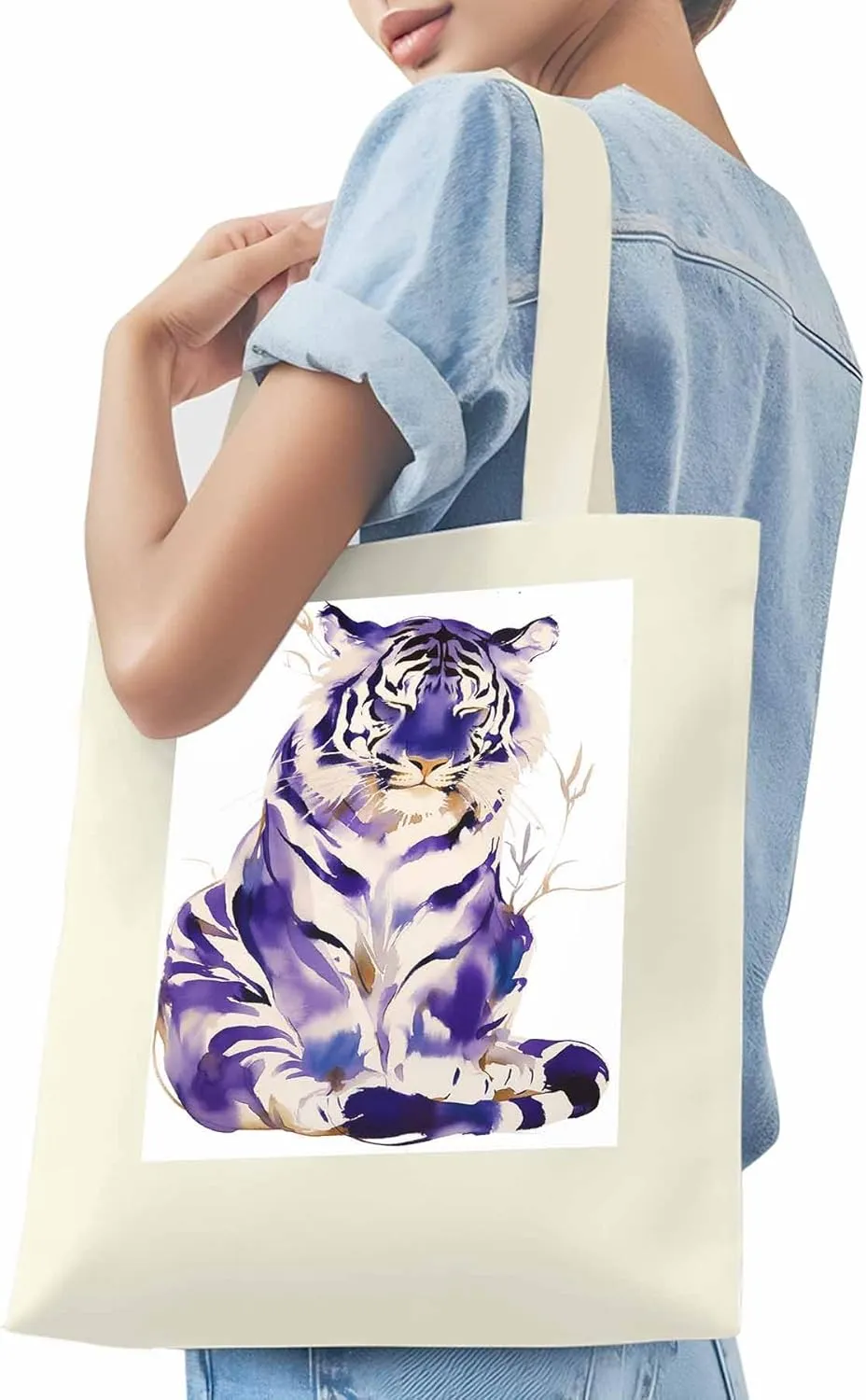 Canvas Tote Bag, Purple Tiger White Watercolor Aesthetic Canvas Tote Handbags for Women Shoulder Bag