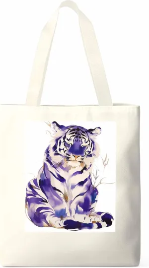 Canvas Tote Bag, Purple Tiger White Watercolor Aesthetic Canvas Tote Handbags for Women Shoulder Bag